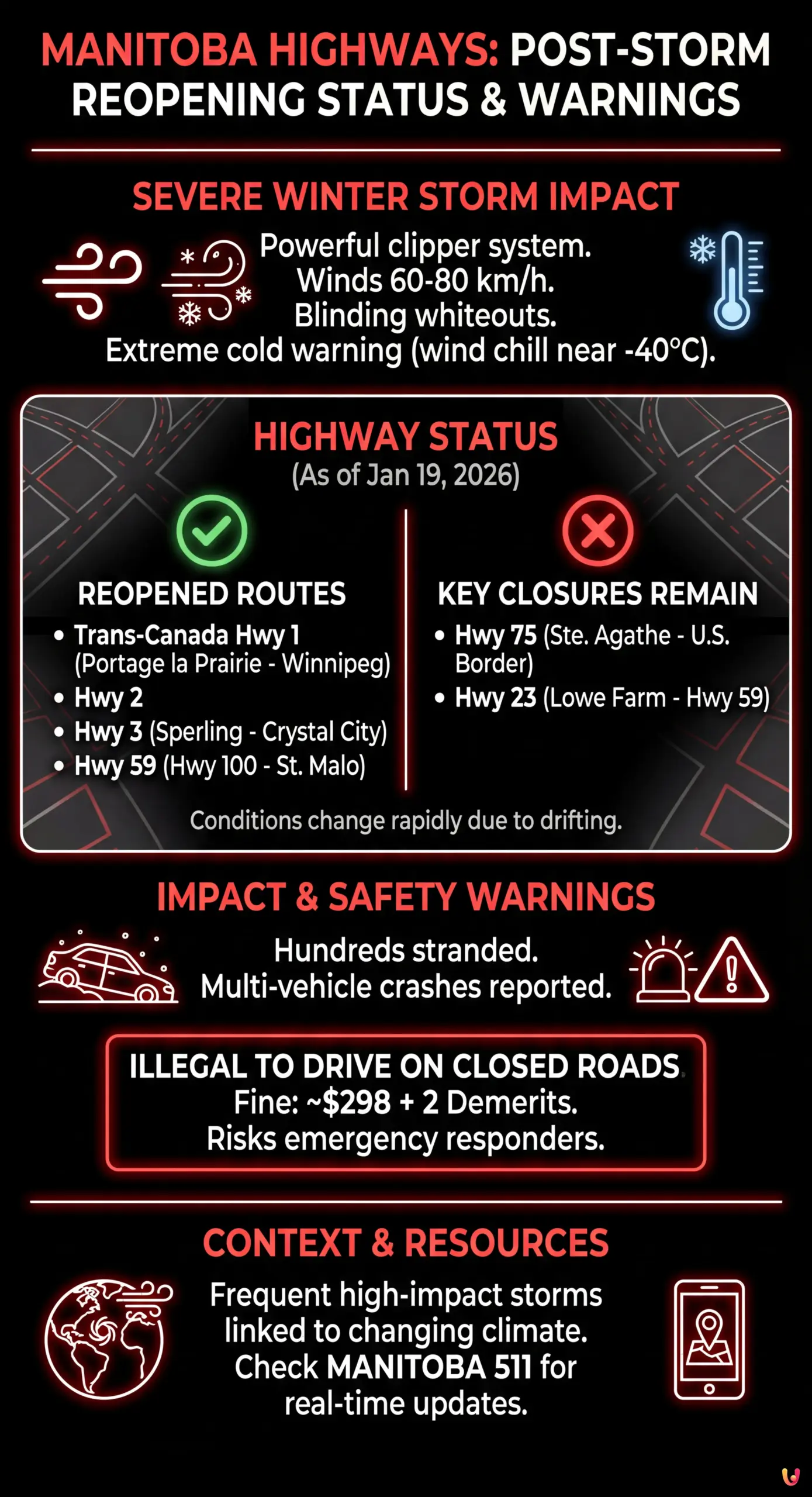 Manitoba Highways Begin to Reopen After Severe Winter Storm, Though Key Routes Remain Closed - Summary Infographic