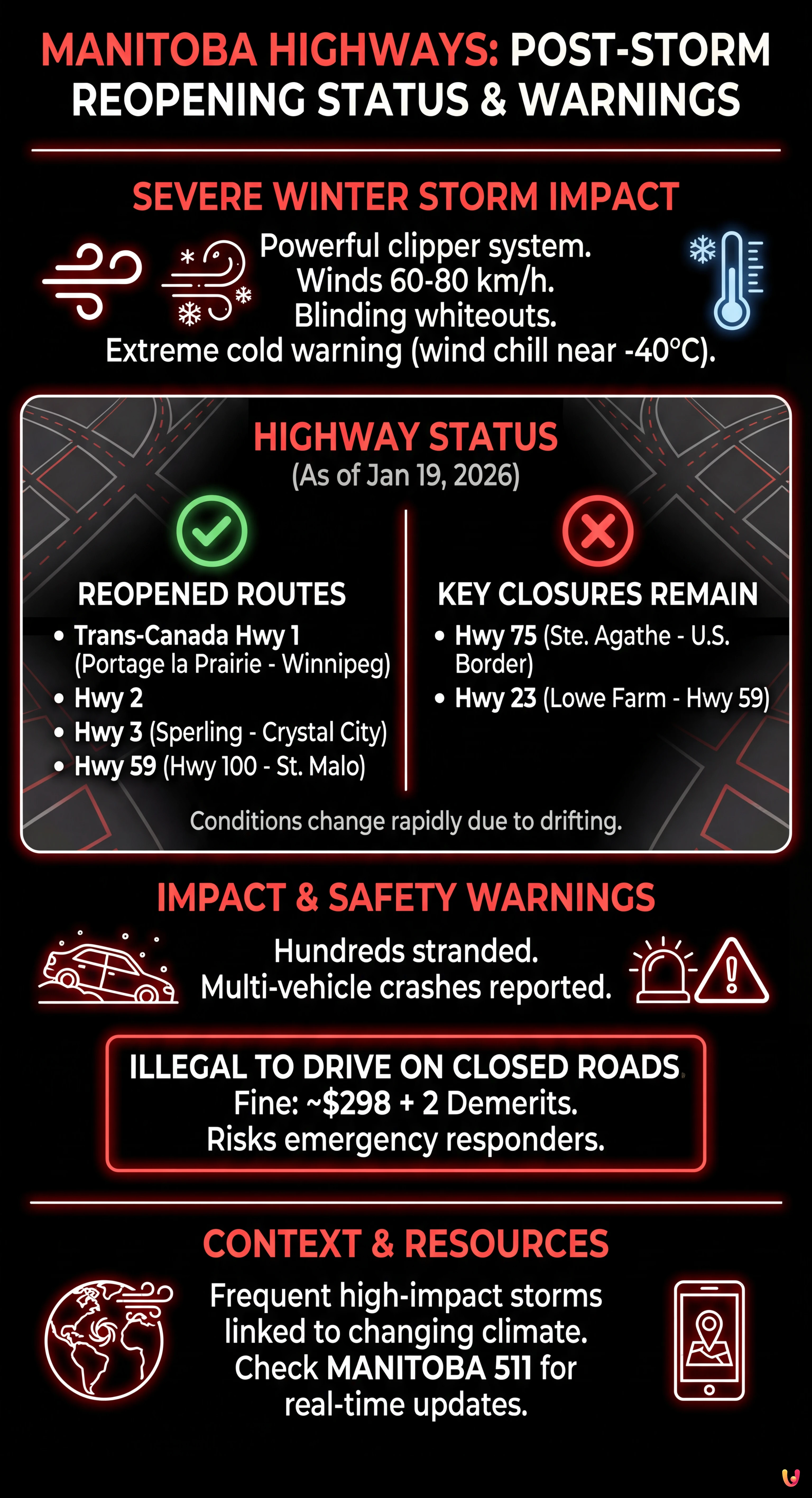 Manitoba Highways Begin to Reopen After Severe Winter Storm, Though Key Routes Remain Closed - Summary Infographic