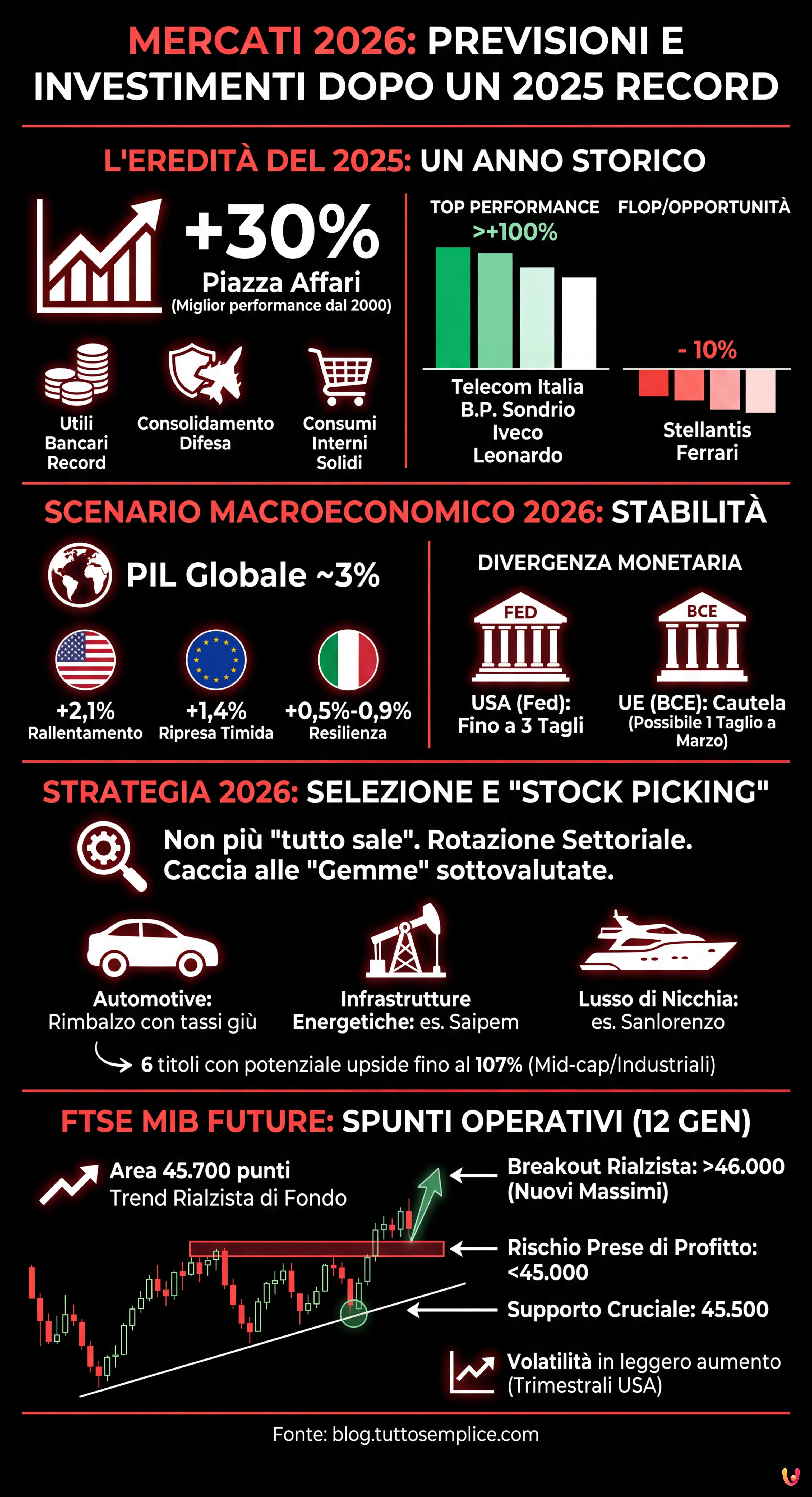 Mercati 2026: previsioni e investimenti dopo un 2025 record - Infografica riassuntiva