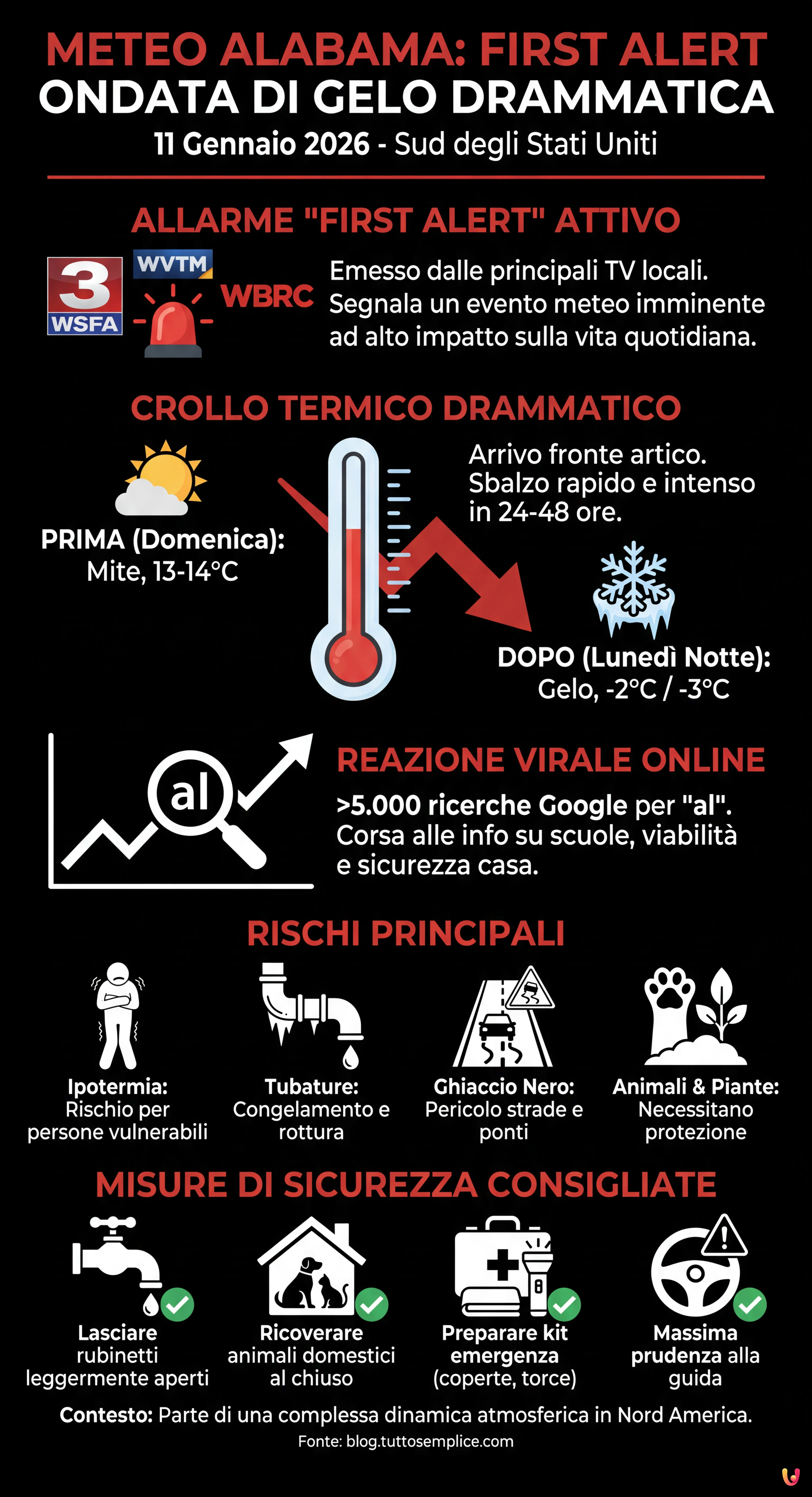Meteo Alabama: Scatta il First Alert per un'Ondata di Gelo Drammatica - Infografica riassuntiva