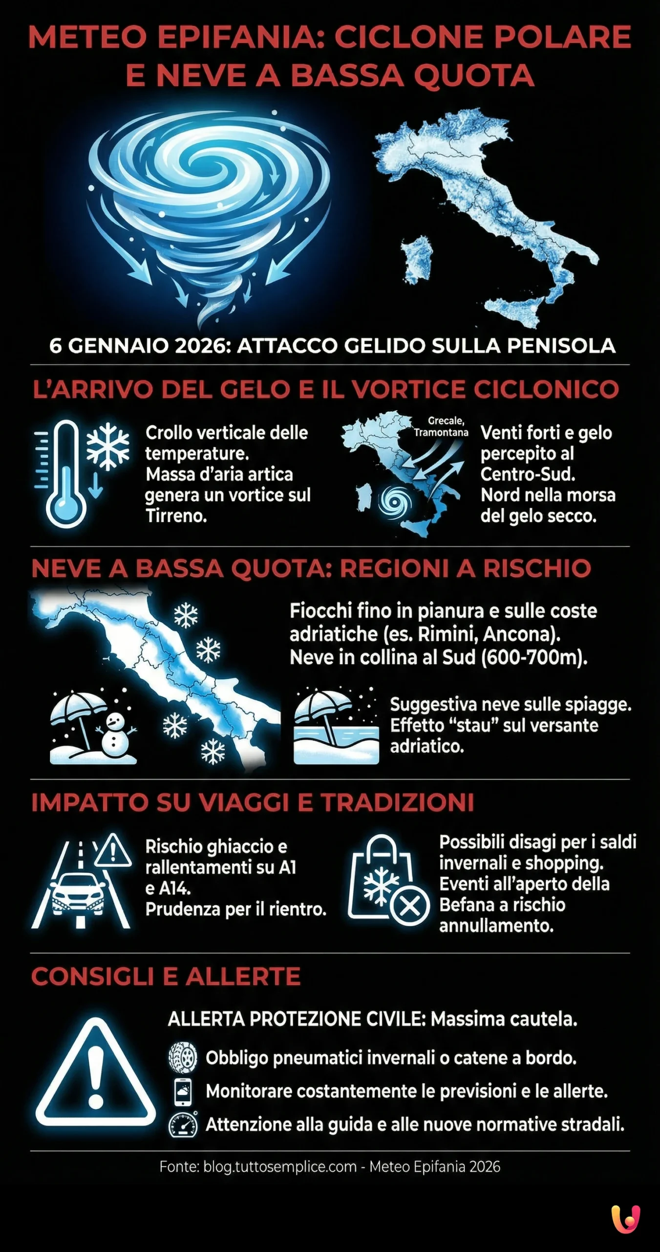 Meteo Epifania: Ciclone Polare e Neve a Bassa Quota - Infografica riassuntiva