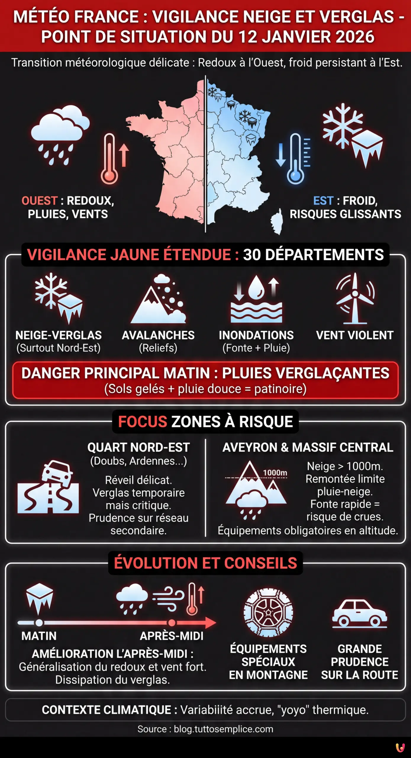 M&eacute;t&eacute;o France : Vigilance neige et verglas ce 12 janvier 2026, le point sur la situation - Infographie r&eacute;sumant
