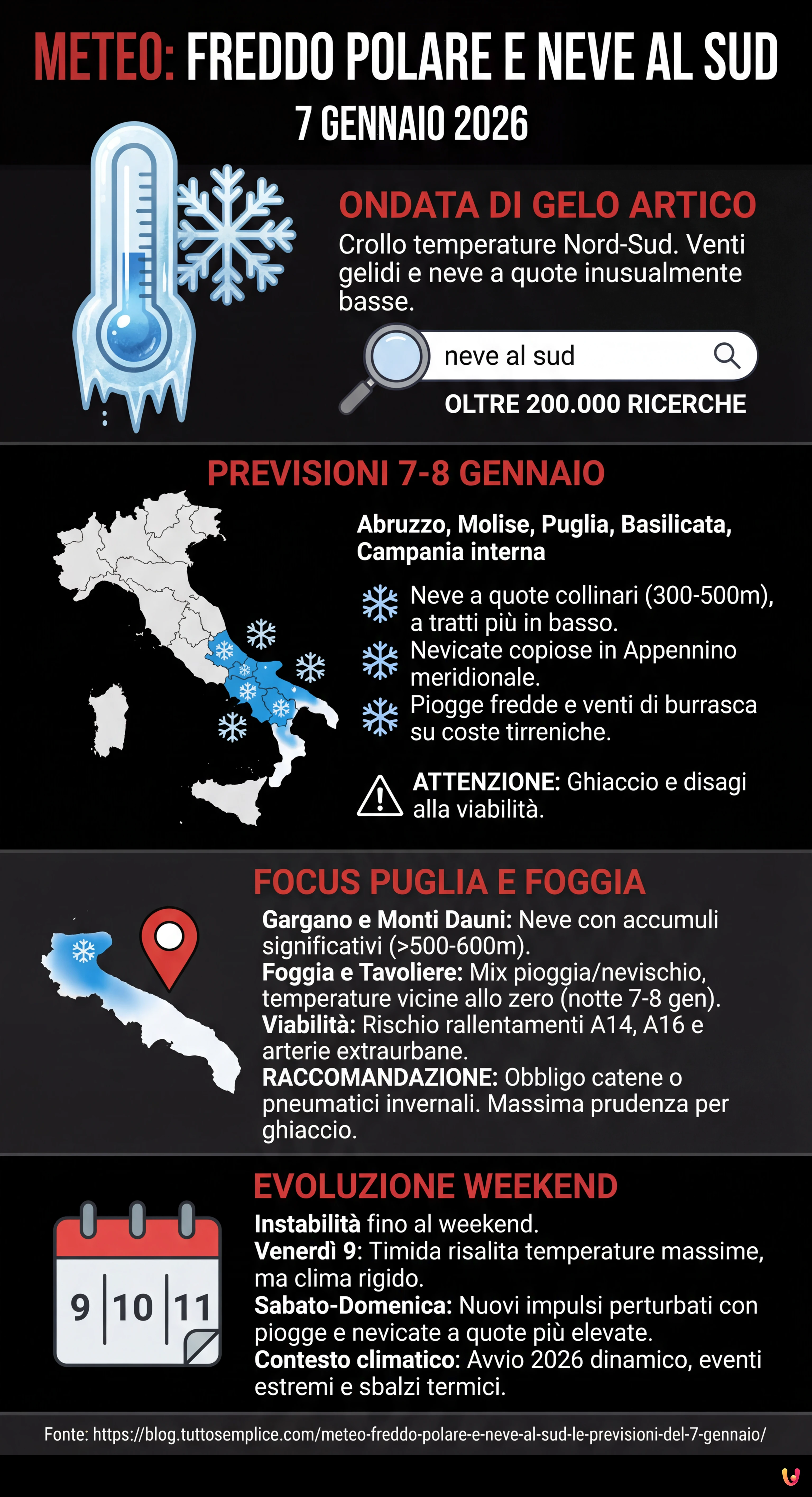 Meteo, freddo polare e neve al Sud: le previsioni del 7 gennaio - Infografica riassuntiva
