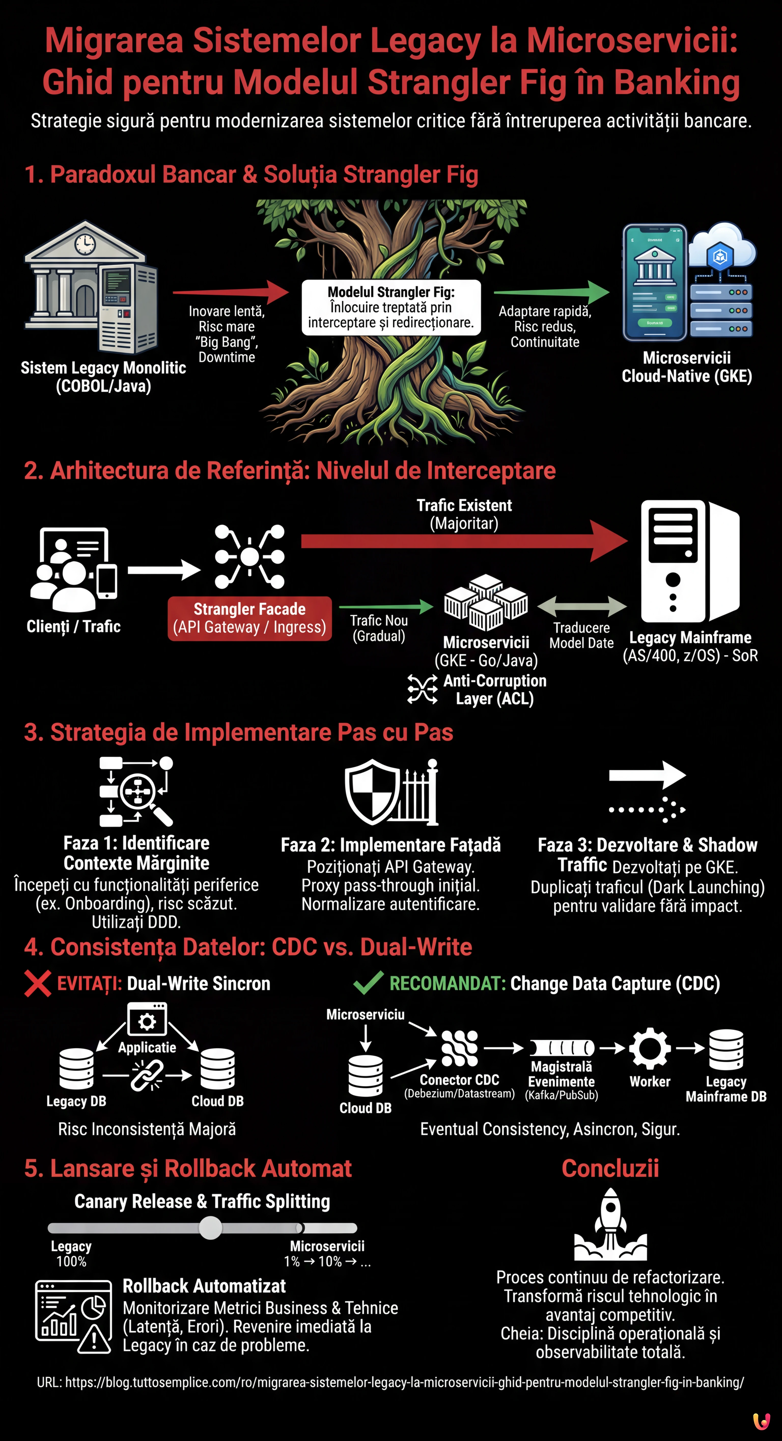 Migrarea Sistemelor Legacy la Microservicii: Ghid pentru Modelul Strangler Fig în Banking - Infografic rezumativ