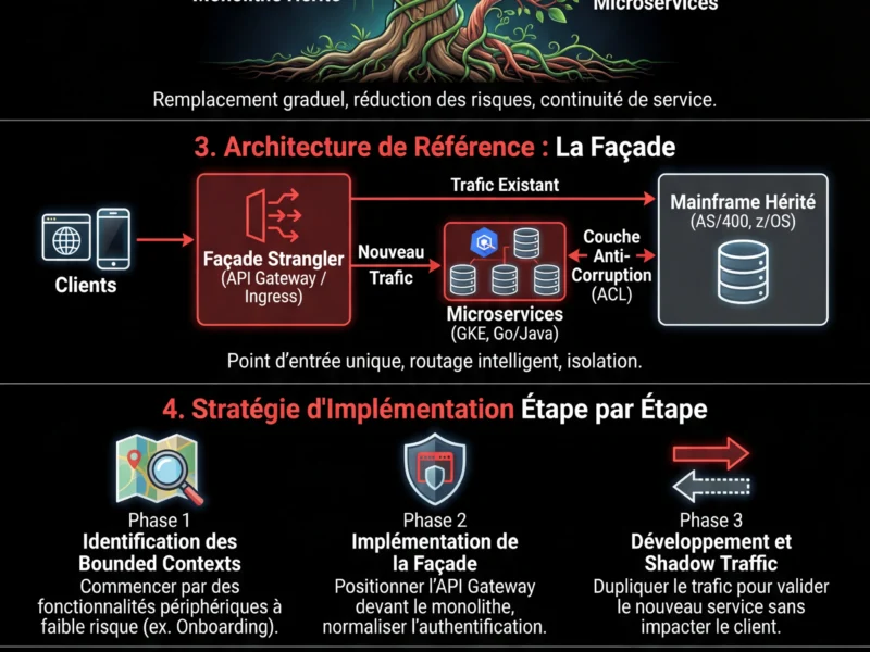 Infografica: Migration des Syst&egrave;mes H&eacute;rit&eacute;s vers Microservices : Guide du Pattern Strangler Fig dans la Banque