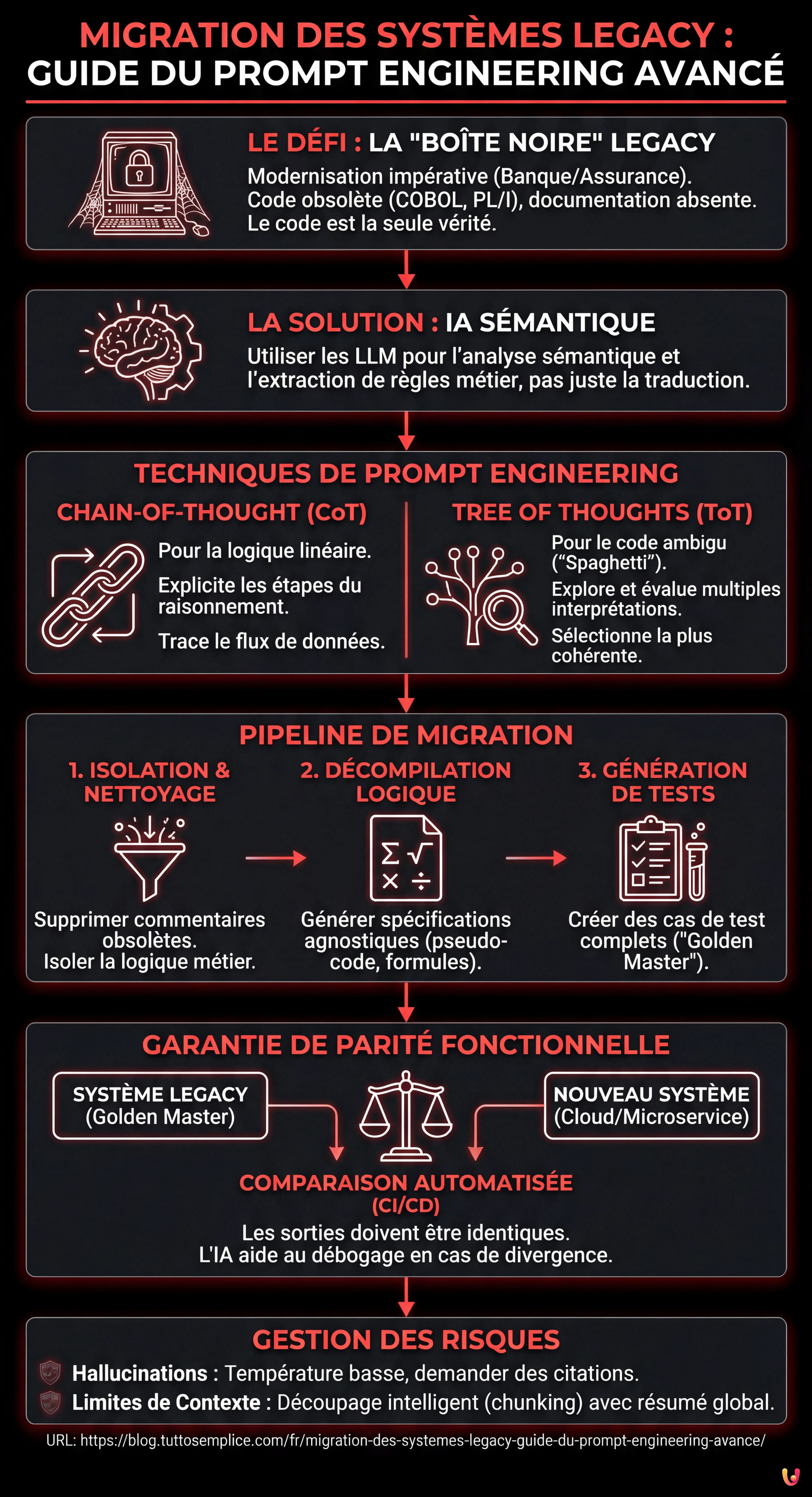 Migration des Syst&egrave;mes Legacy : Guide du Prompt Engineering Avanc&eacute; - Infographie r&eacute;sumant