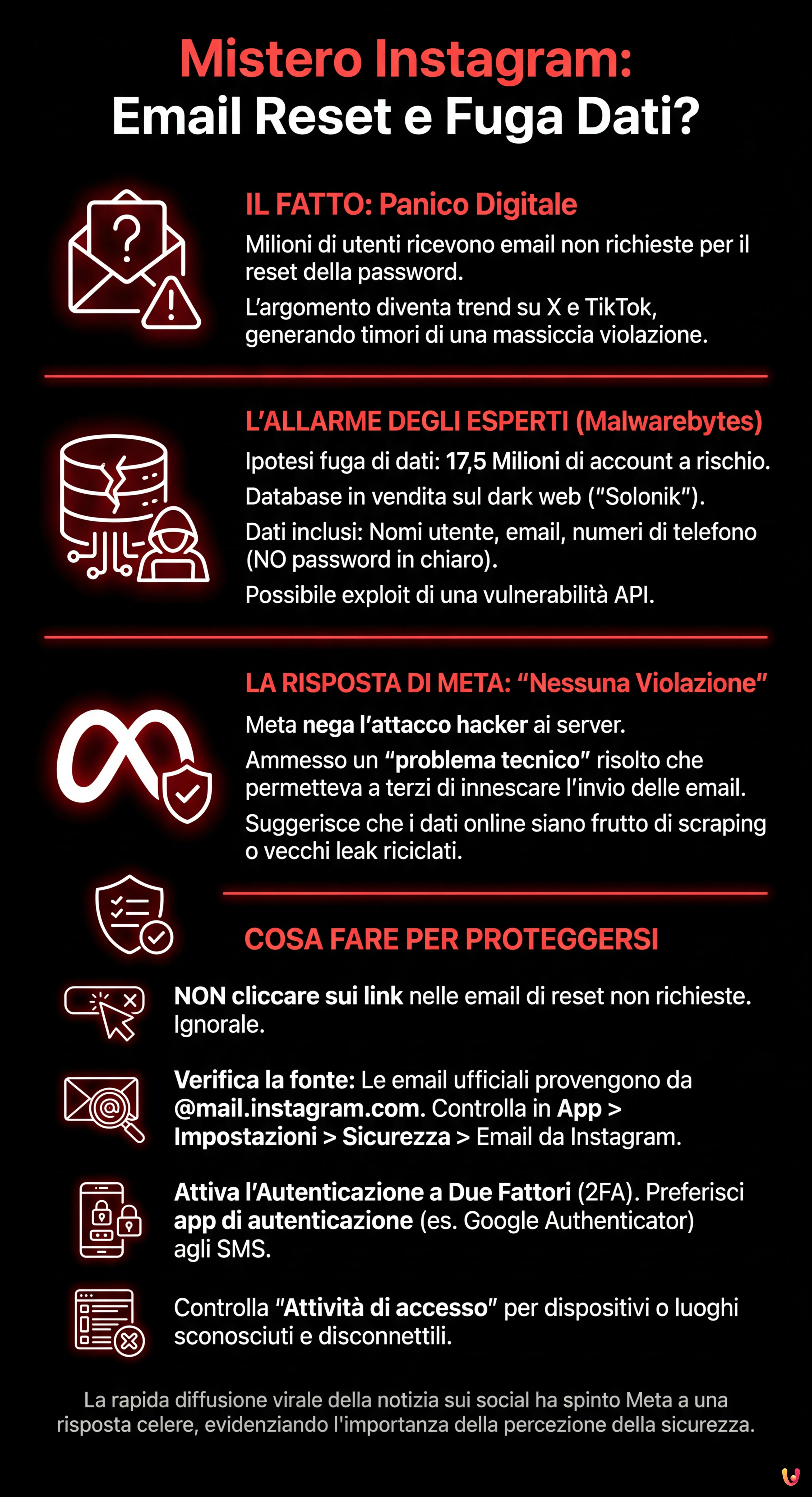 Mistero Instagram: Email Reset Password e Fuga Dati, Meta Nega - Infografica riassuntiva