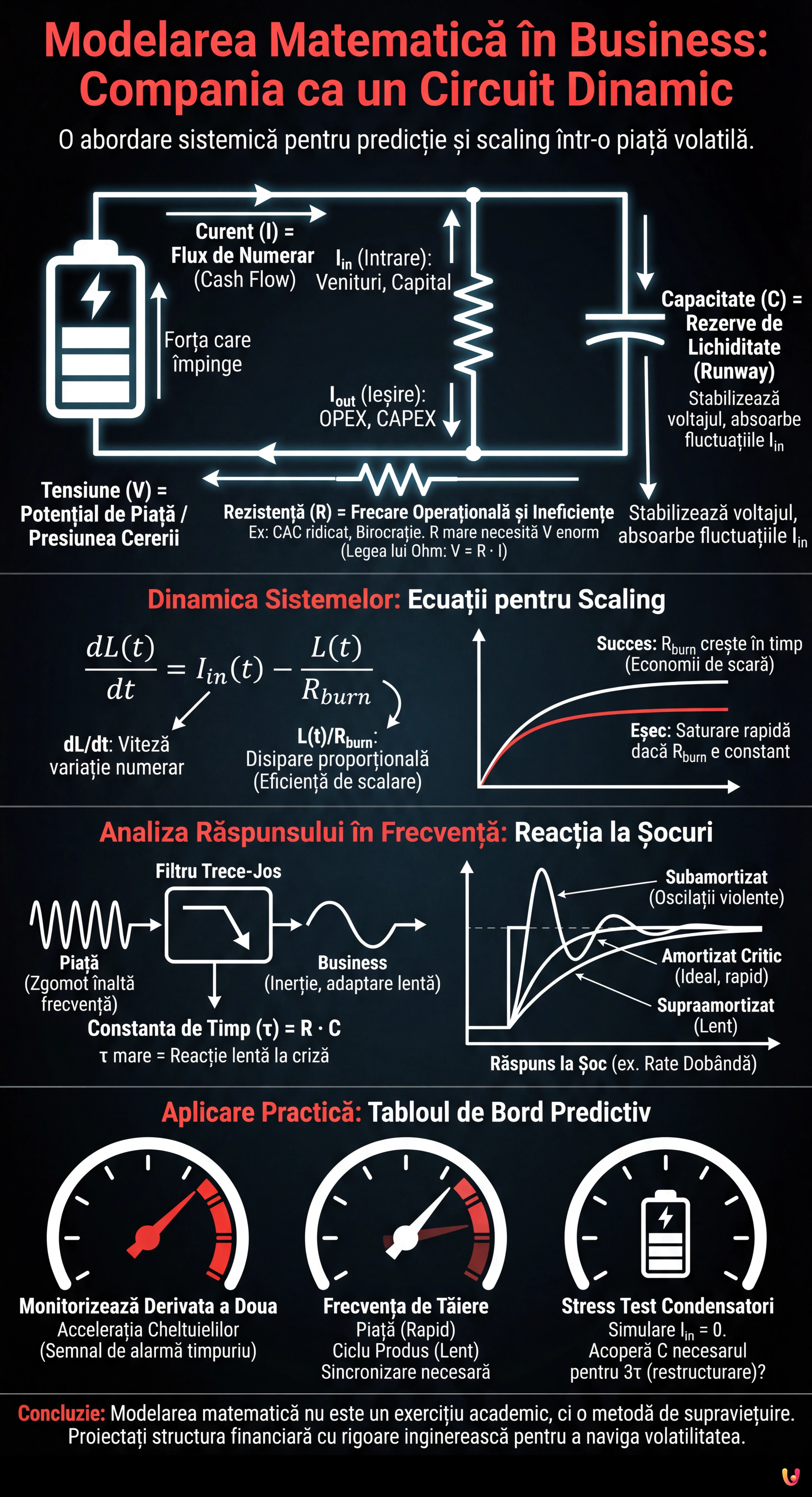Modelarea Matematică în Business: Compania ca un Circuit Dinamic - Infografic rezumativ
