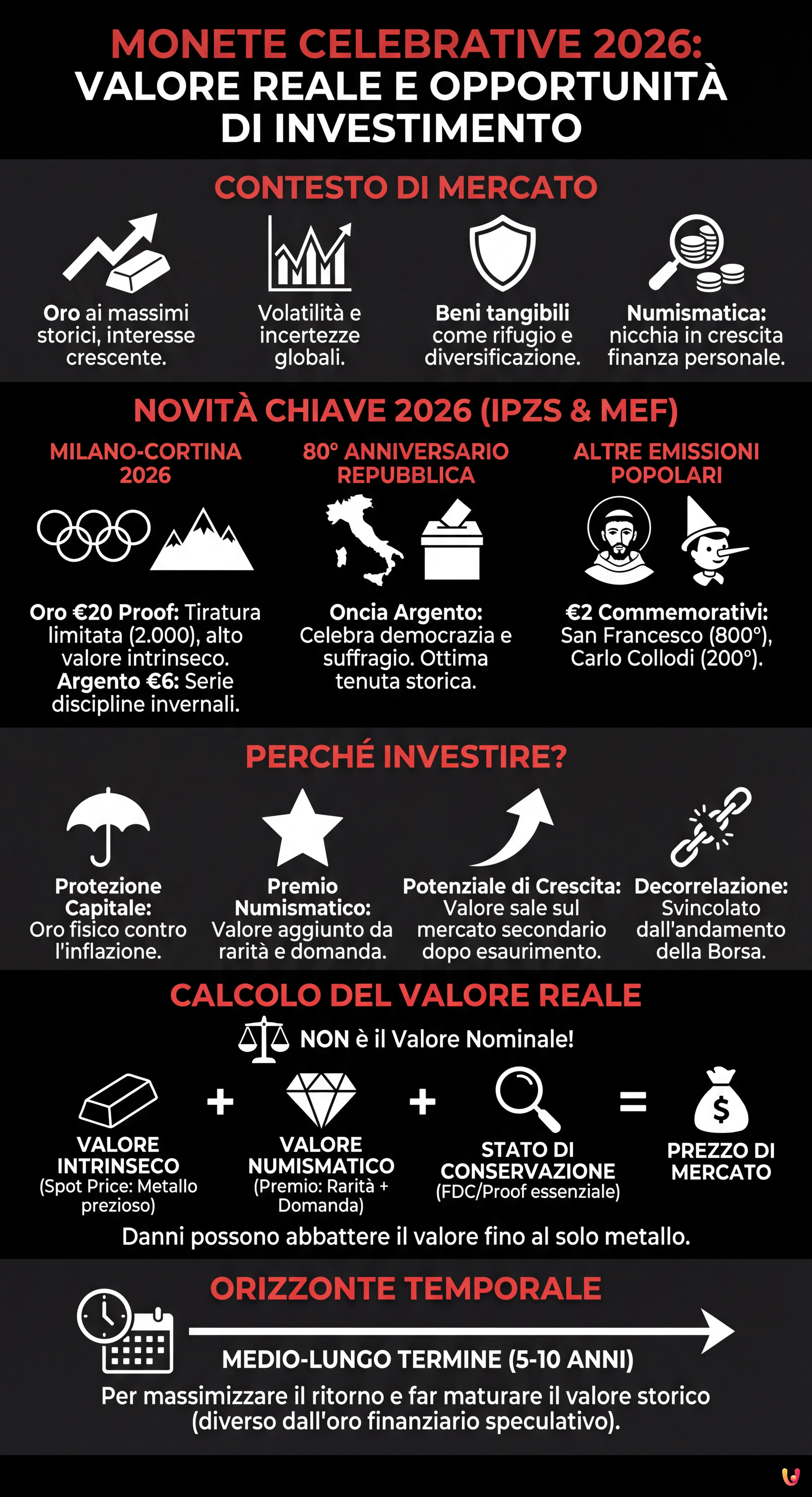Monete celebrative 2026: valore reale e opportunit&agrave; di investimento - Infografica riassuntiva