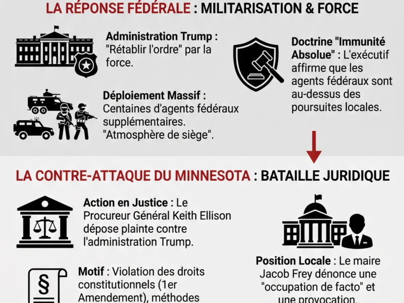 Infografica: Mort de Ren&eacute;e Good : Trump militarise Minneapolis, le Minnesota contre-attaque en justice