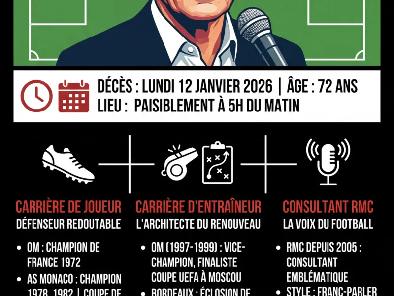 Infografica: Mort de Rolland Courbis : le &laquo; Coach &raquo; de l'OM et voix de RMC s'est &eacute;teint &agrave; 72 ans