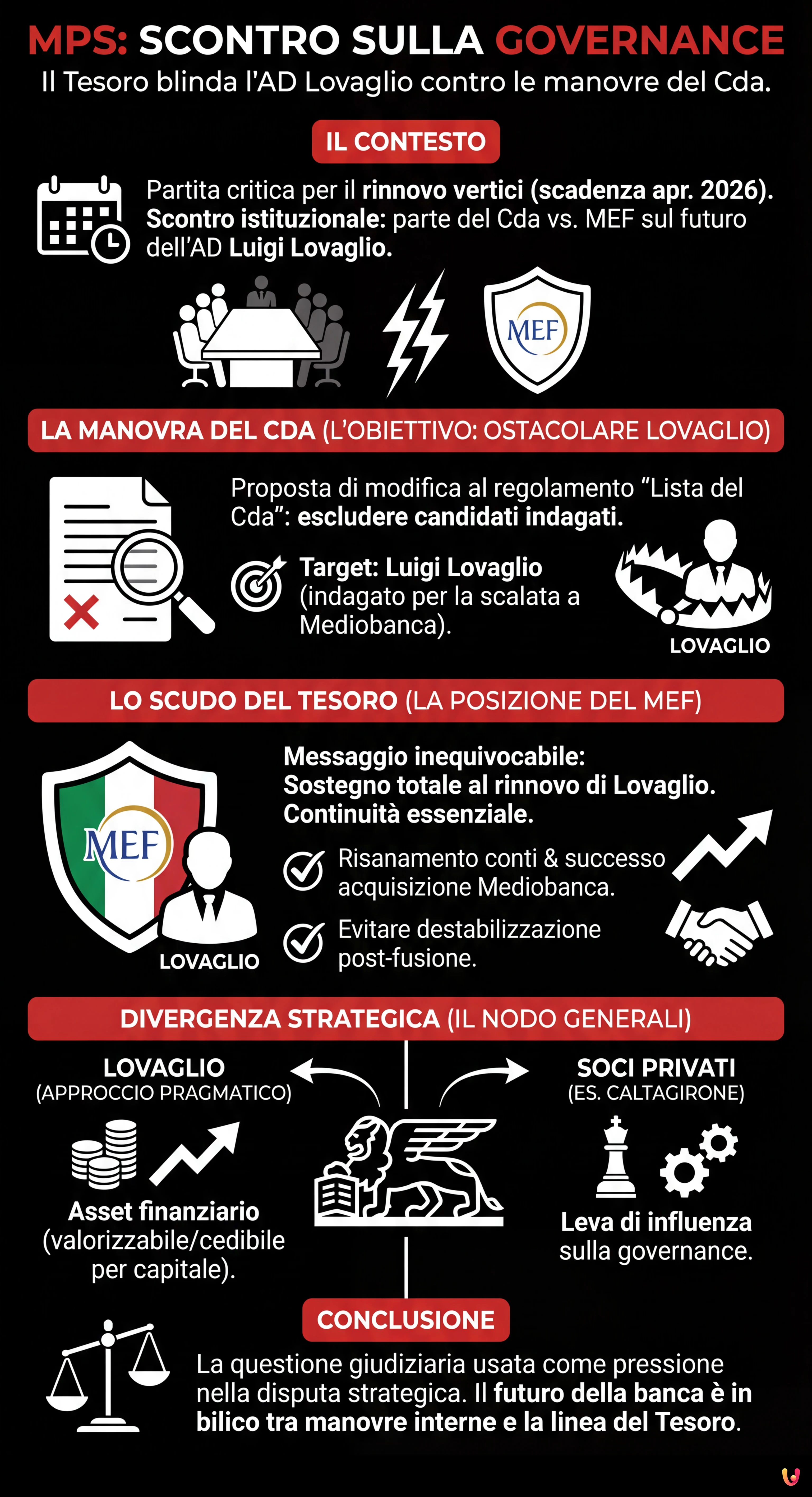 Mps, scontro sulla governance: il Tesoro blinda Lovaglio contro le manovre del Cda - Infografica riassuntiva