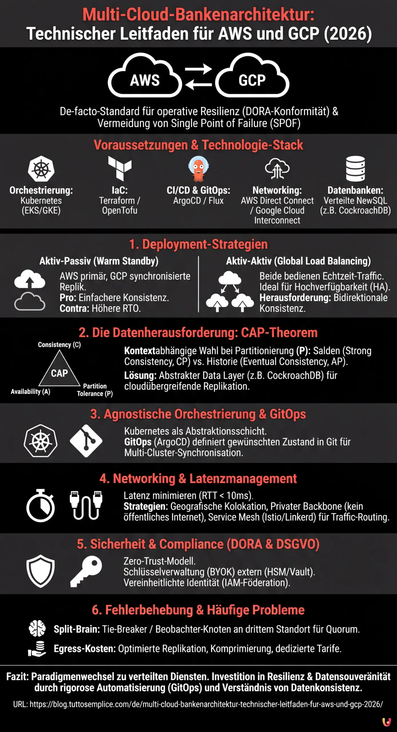 Multi-Cloud-Bankenarchitektur: Technischer Leitfaden f&uuml;r AWS und GCP (2026) - Zusammenfassende Infografik