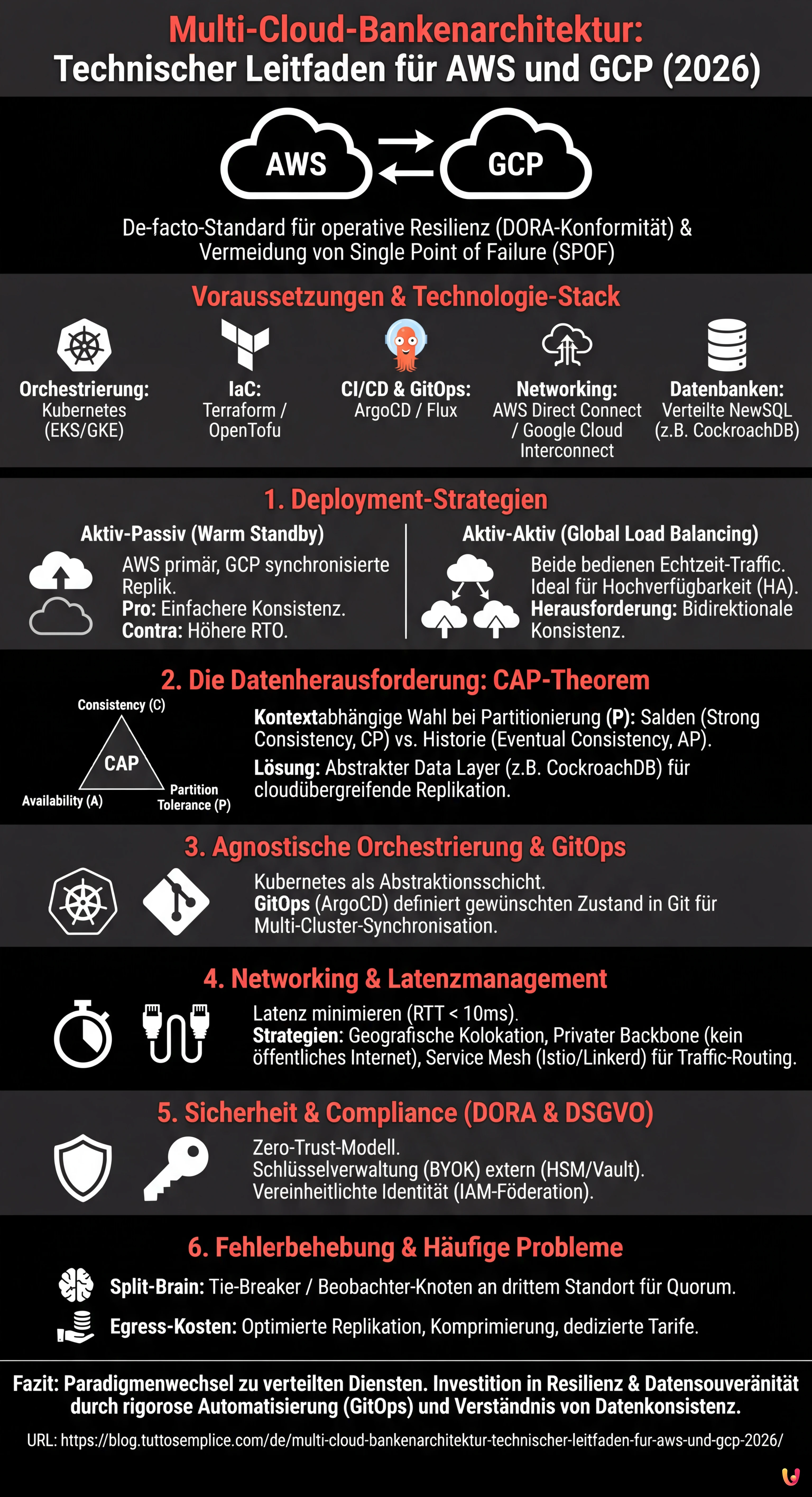 Multi-Cloud-Bankenarchitektur: Technischer Leitfaden für AWS und GCP (2026) - Zusammenfassende Infografik