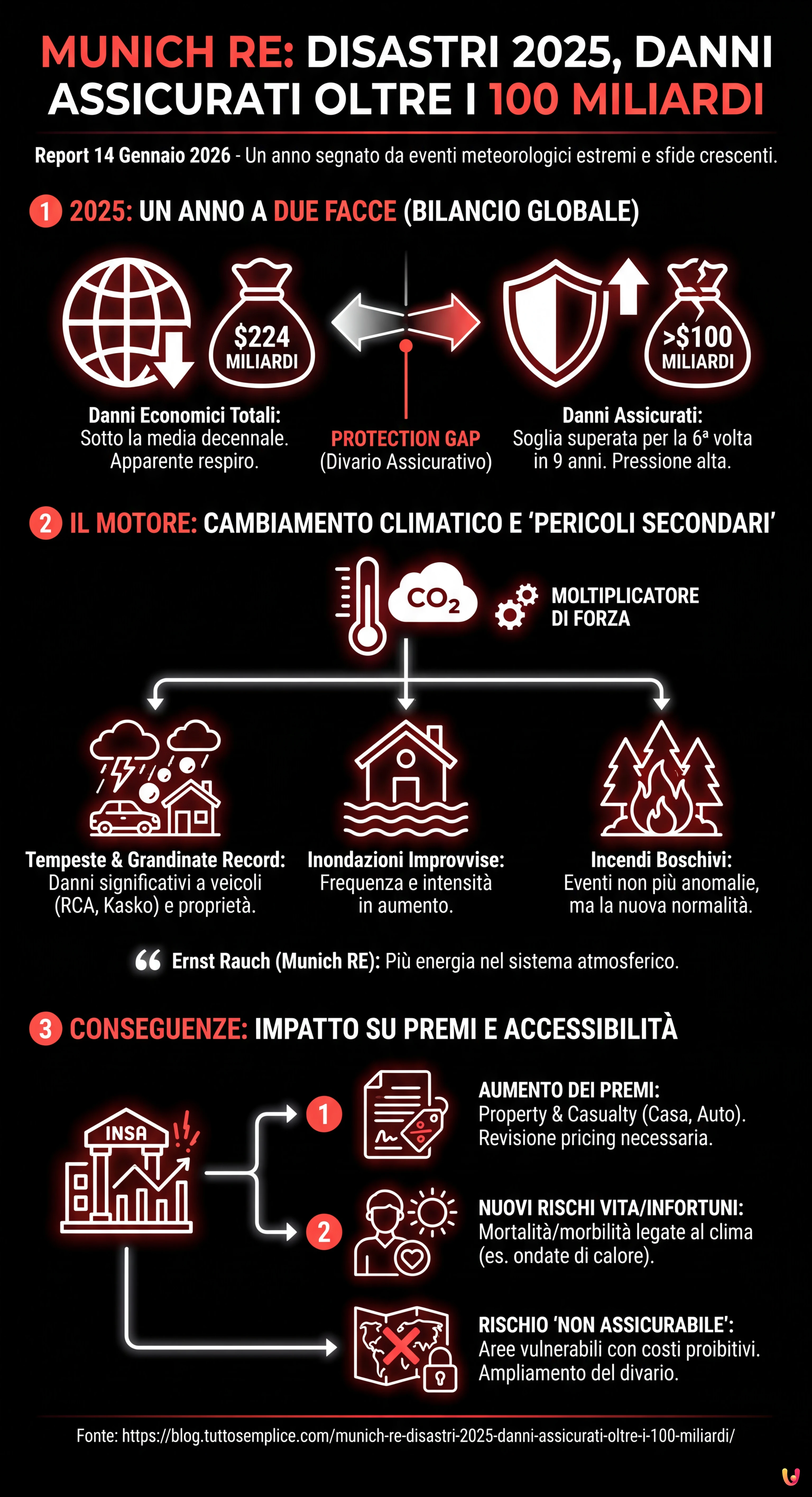 Munich RE: Disastri 2025, Danni Assicurati Oltre i 100 Miliardi - Infografica riassuntiva
