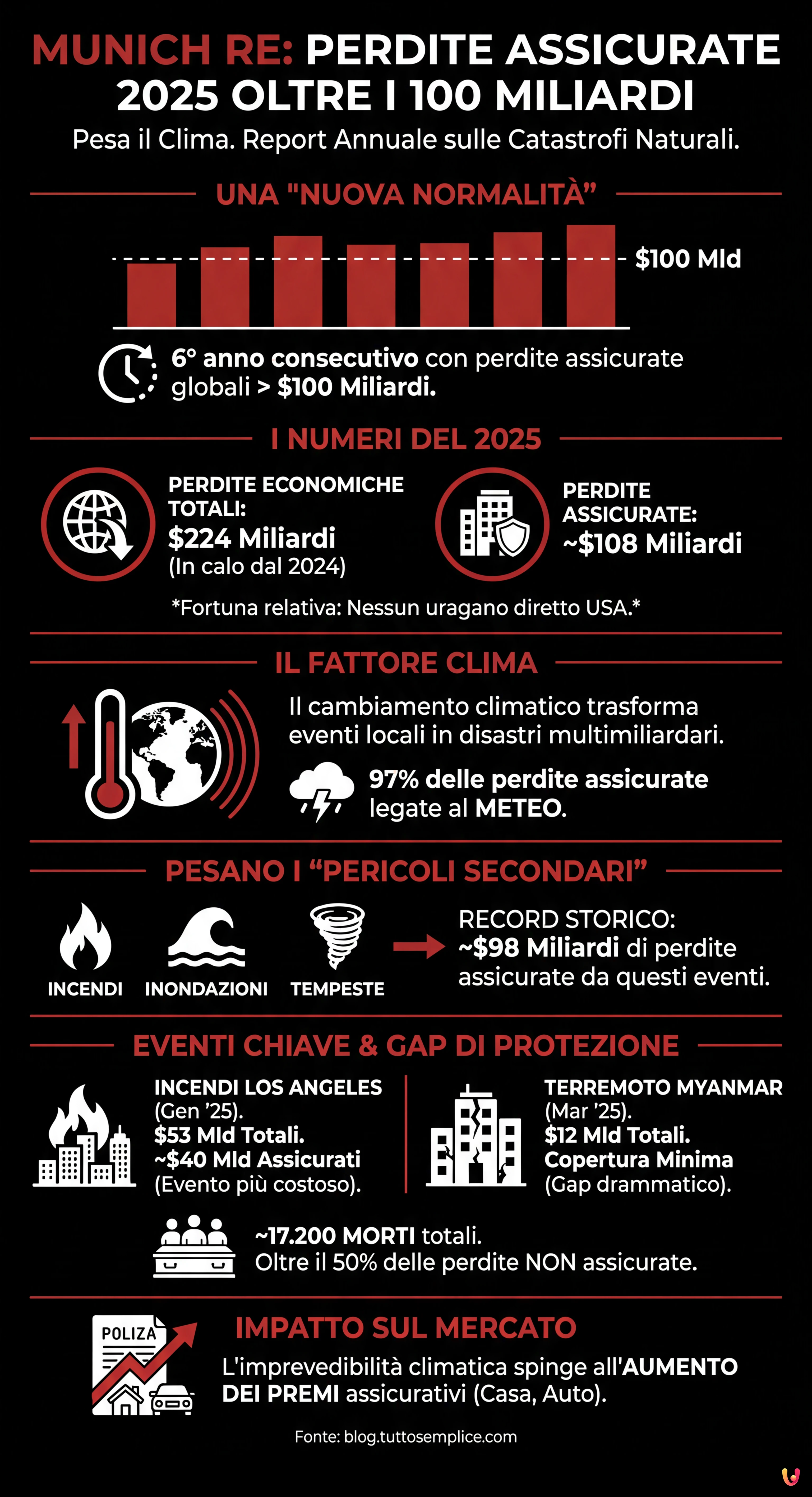 Munich Re: perdite assicurate 2025 oltre i 100 miliardi, pesa il clima - Infografica riassuntiva