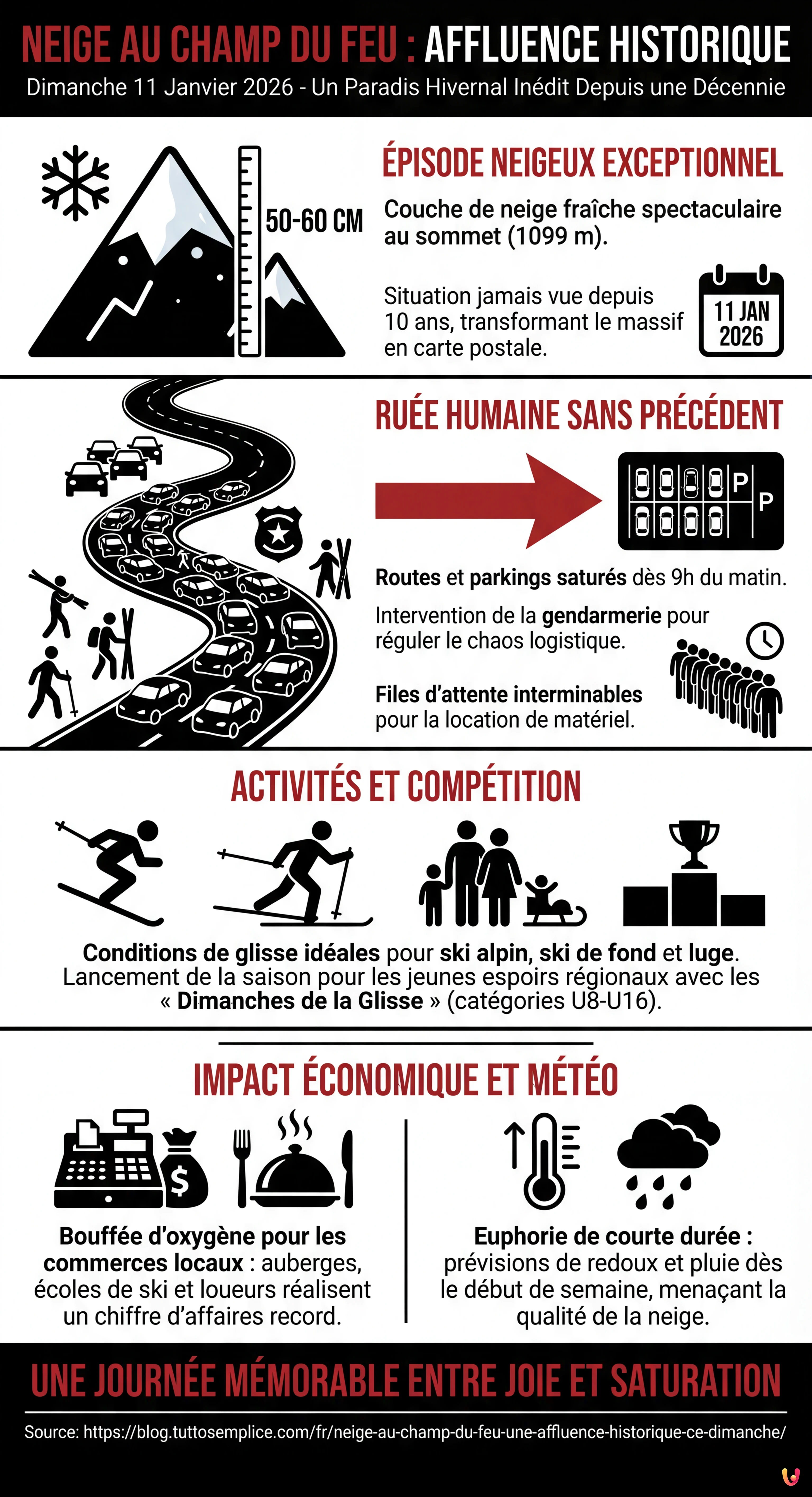 Neige au Champ du Feu : une affluence historique ce dimanche - Infographie résumant