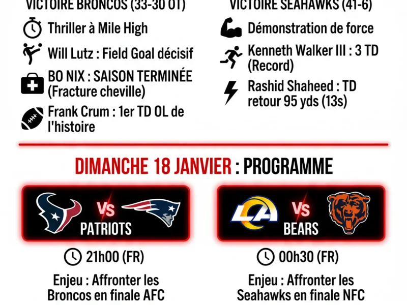 Infografica: NFL Playoffs 2026 : Broncos et Seahawks qualifi&eacute;s, Bo Nix bless&eacute;, le programme du dimanche