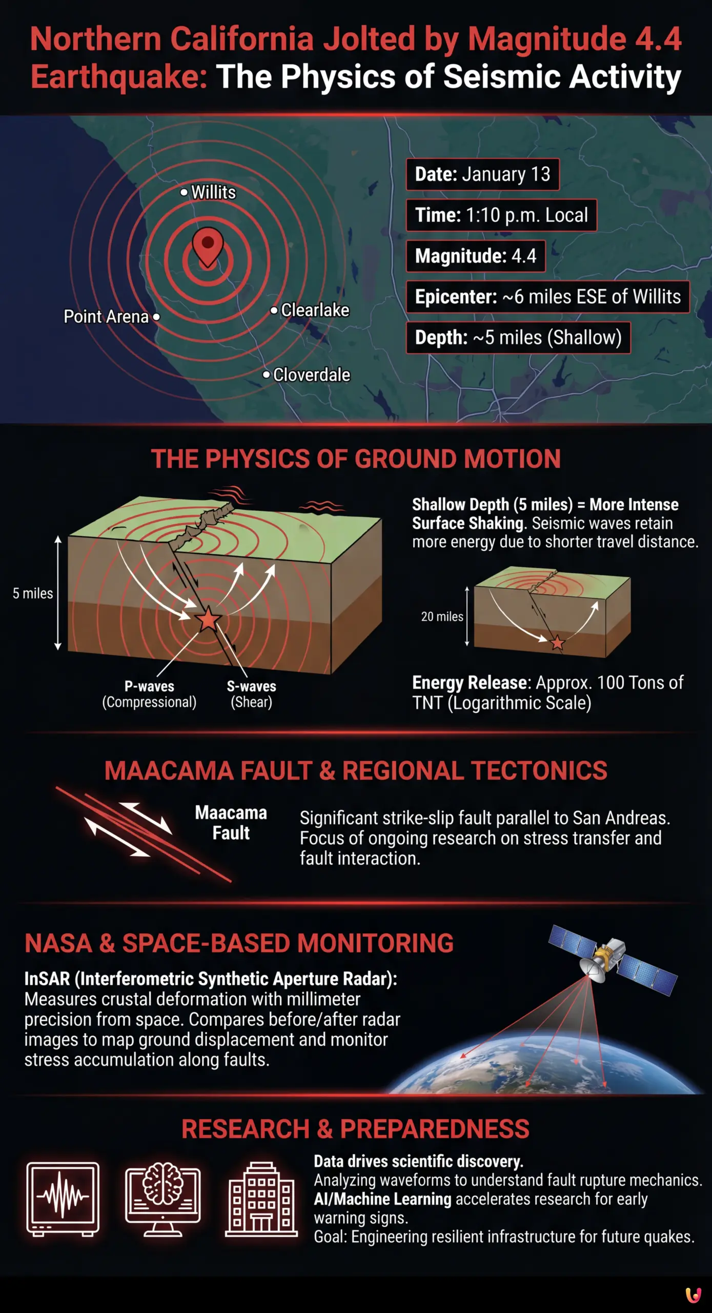 Northern California Jolted by Magnitude 4.4 Earthquake: The Physics of Seismic Activity - Summary Infographic