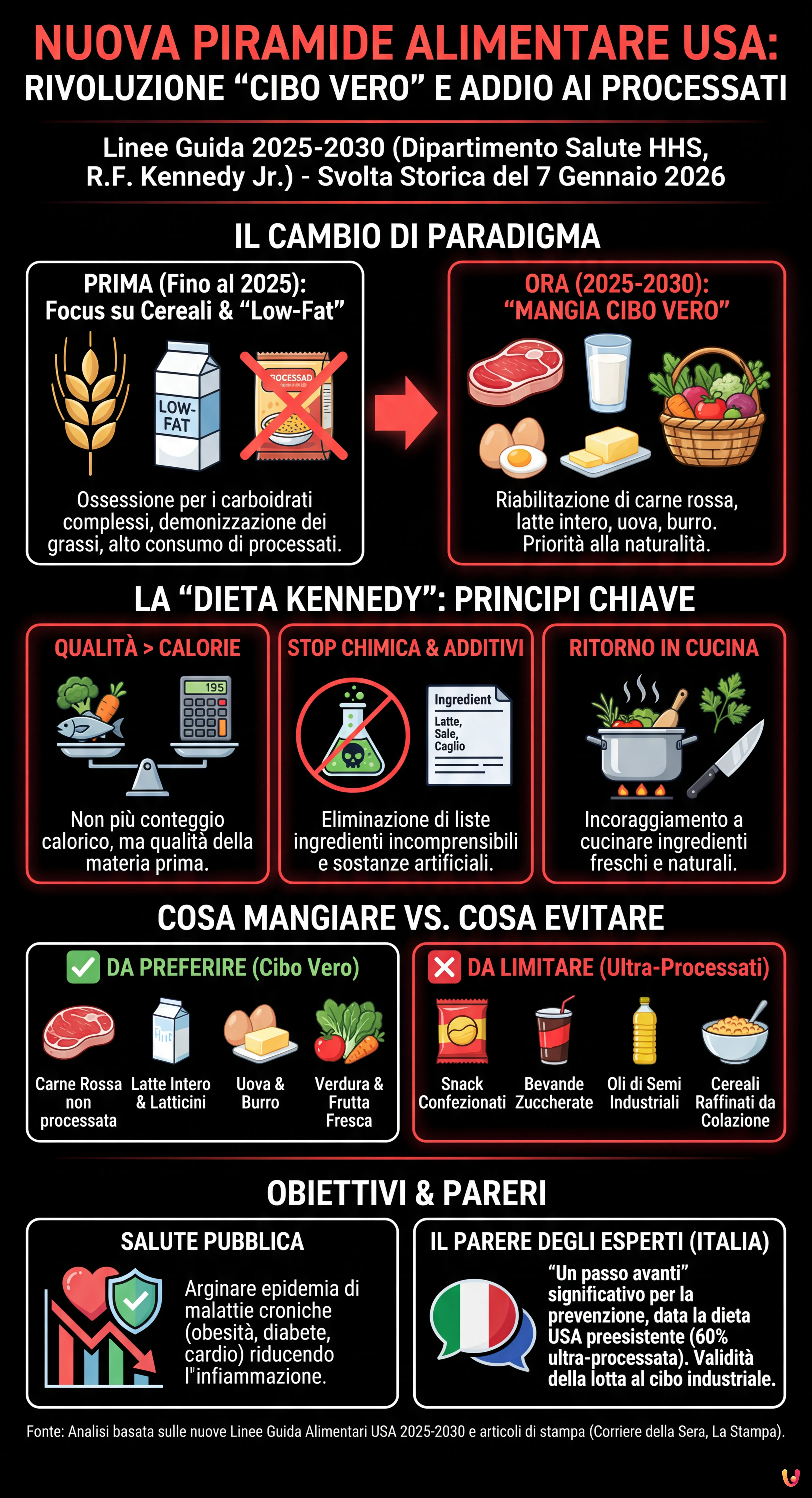 Nuova Piramide Alimentare USA: Rivoluzione "Cibo Vero" e Addio ai Processati - Infografica riassuntiva