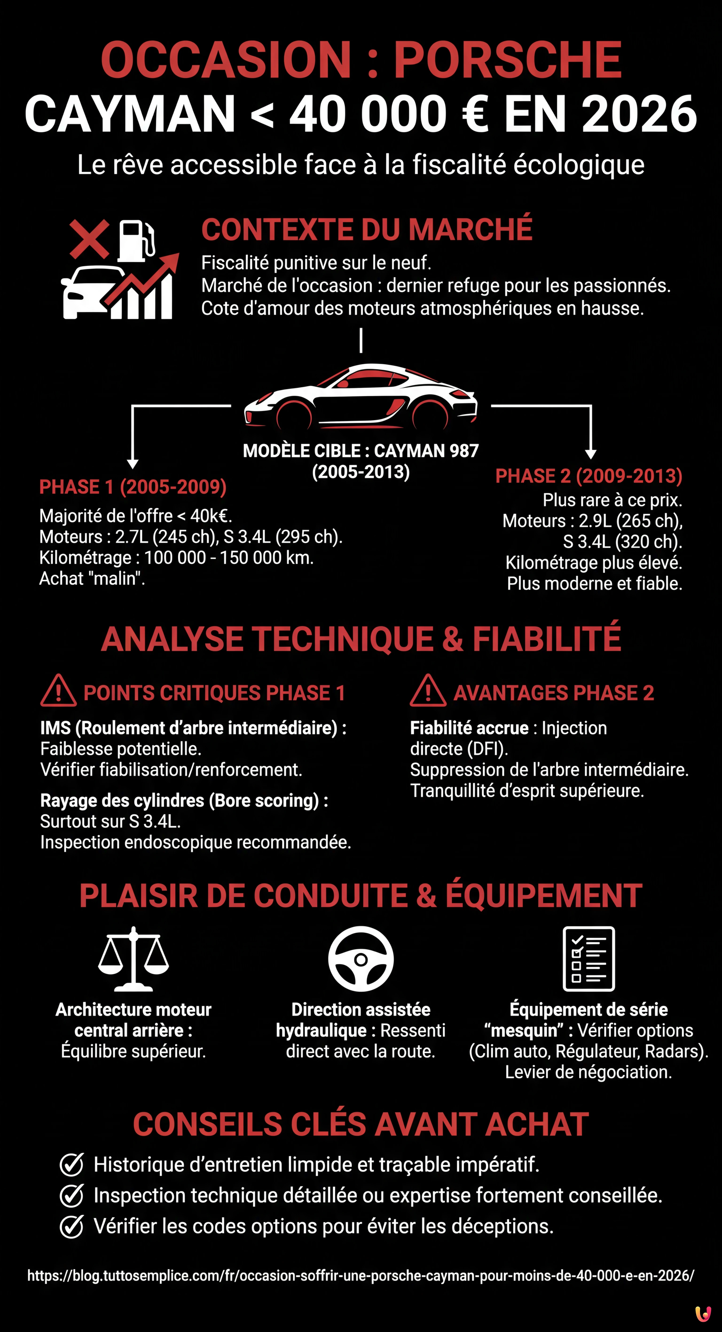 Occasion : s'offrir une Porsche Cayman pour moins de 40 000 &euro; en 2026 - Infographie r&eacute;sumant