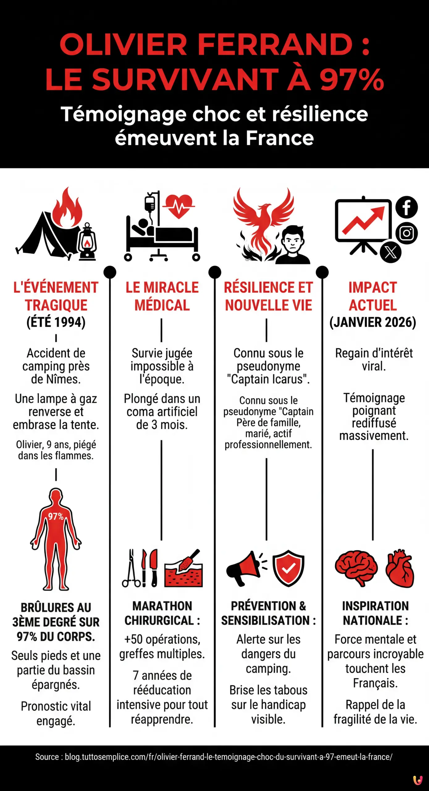 Olivier Ferrand : Le témoignage choc du « survivant à 97% » émeut la France - Infographie résumant