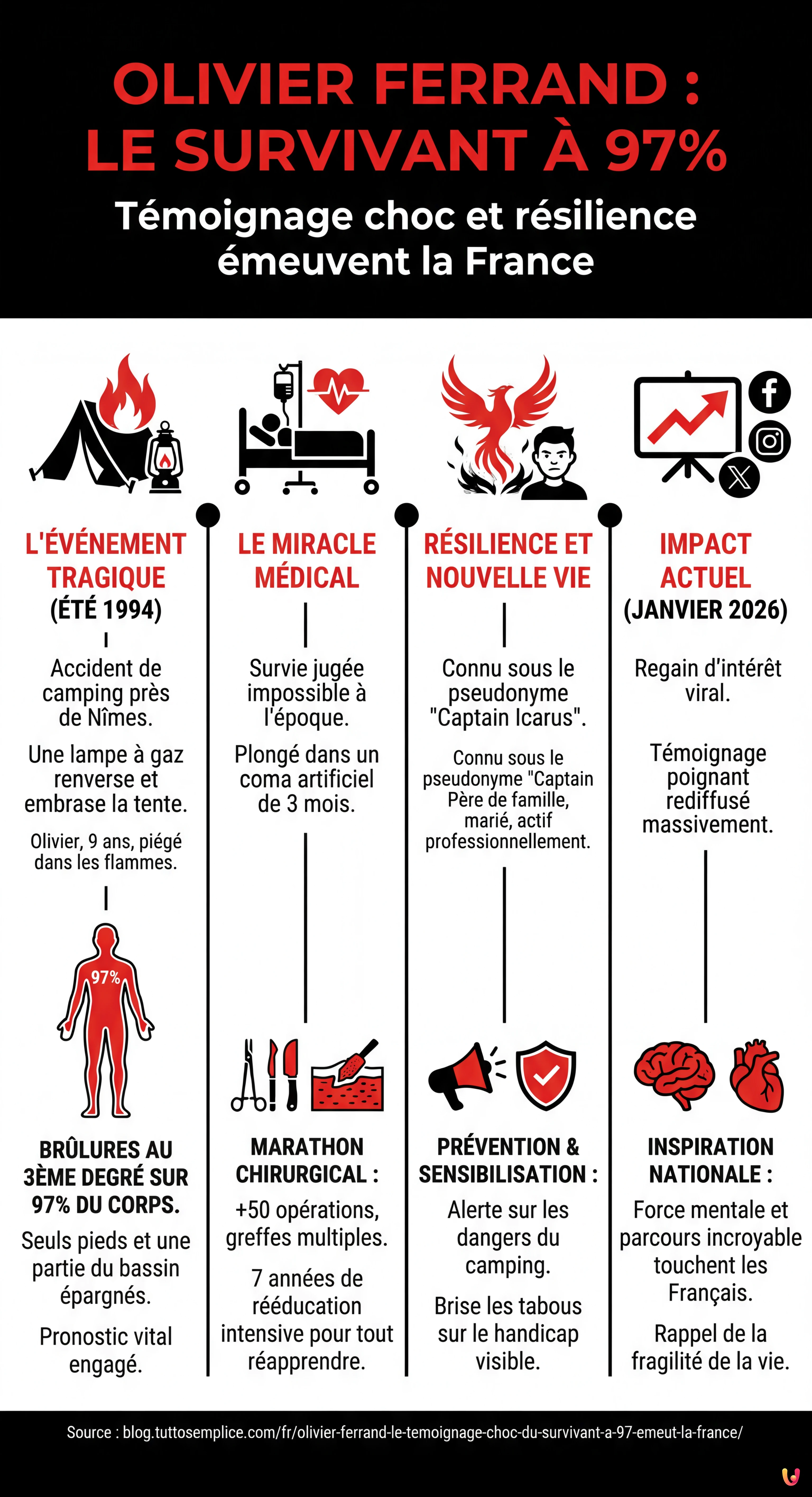 Olivier Ferrand : Le témoignage choc du « survivant à 97% » émeut la France - Infographie résumant
