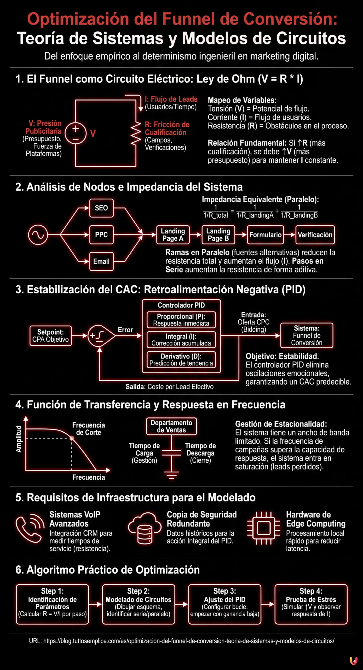 Optimización del Funnel de Conversión: Teoría de Sistemas y Modelos de Circuitos - Infografía resumen