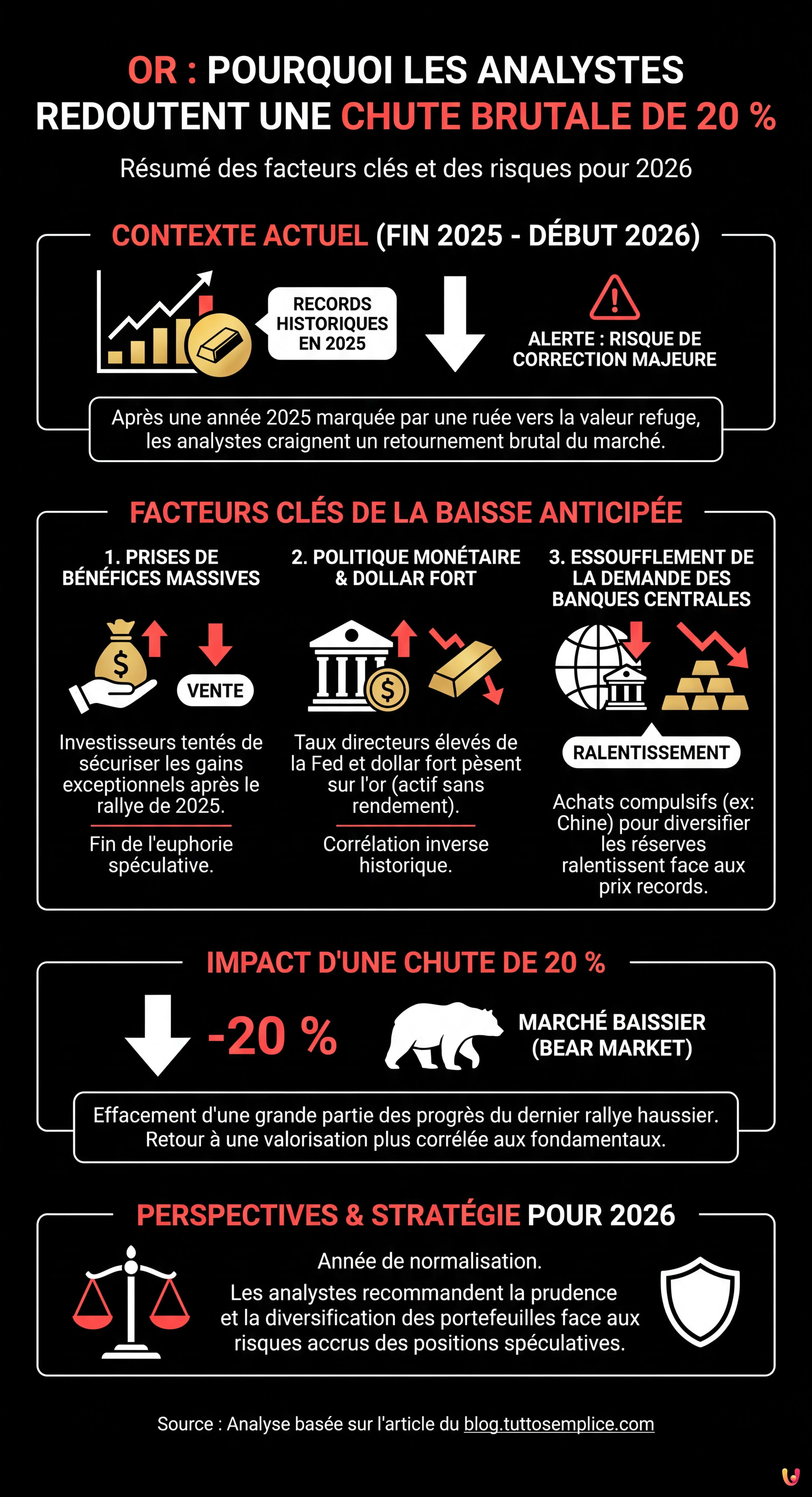Or : pourquoi les analystes redoutent une chute brutale de 20 % du cours - Infographie r&eacute;sumant