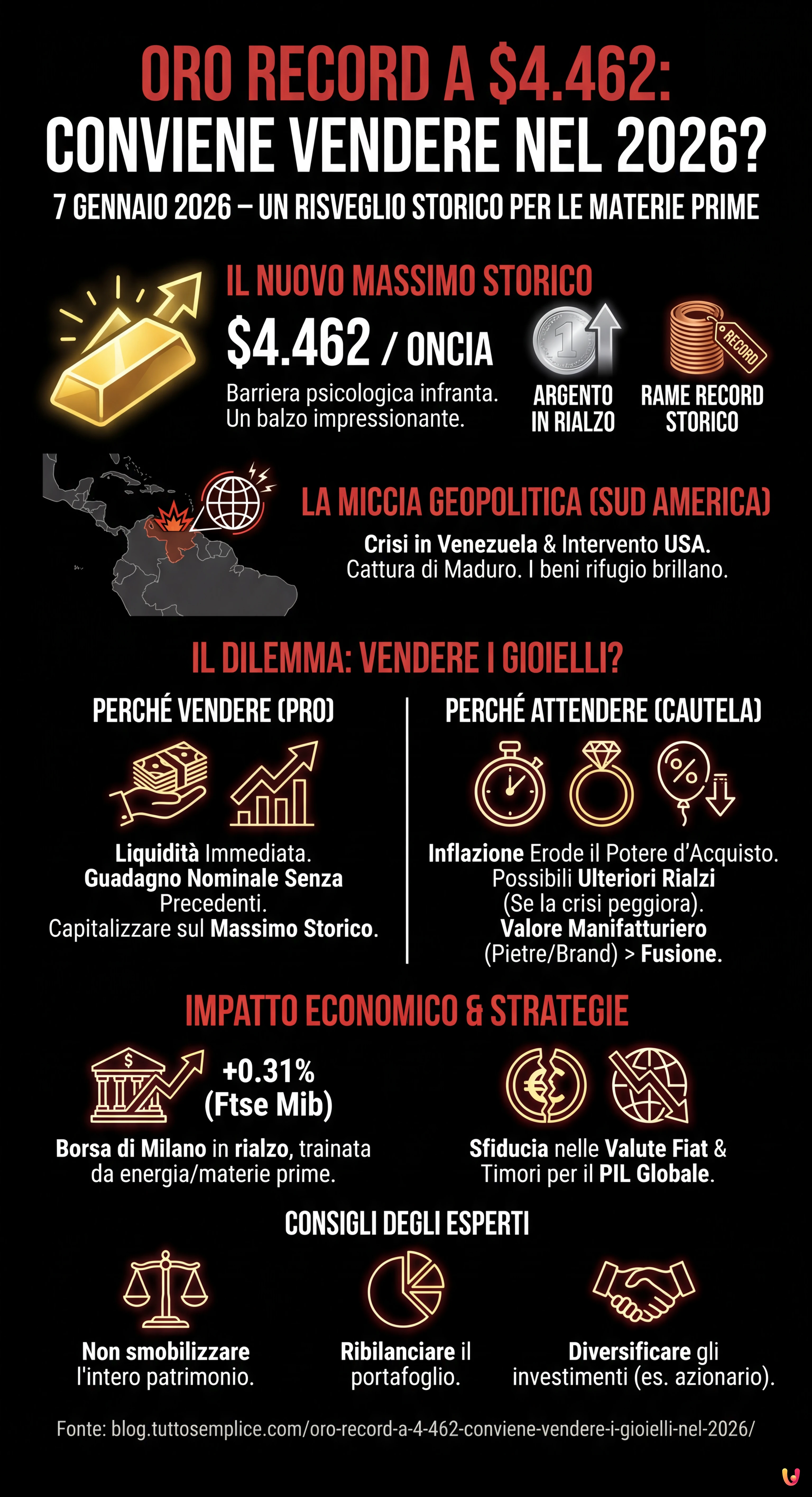 Oro Record a 4.462$: Conviene Vendere i Gioielli nel 2026? - Infografica riassuntiva
