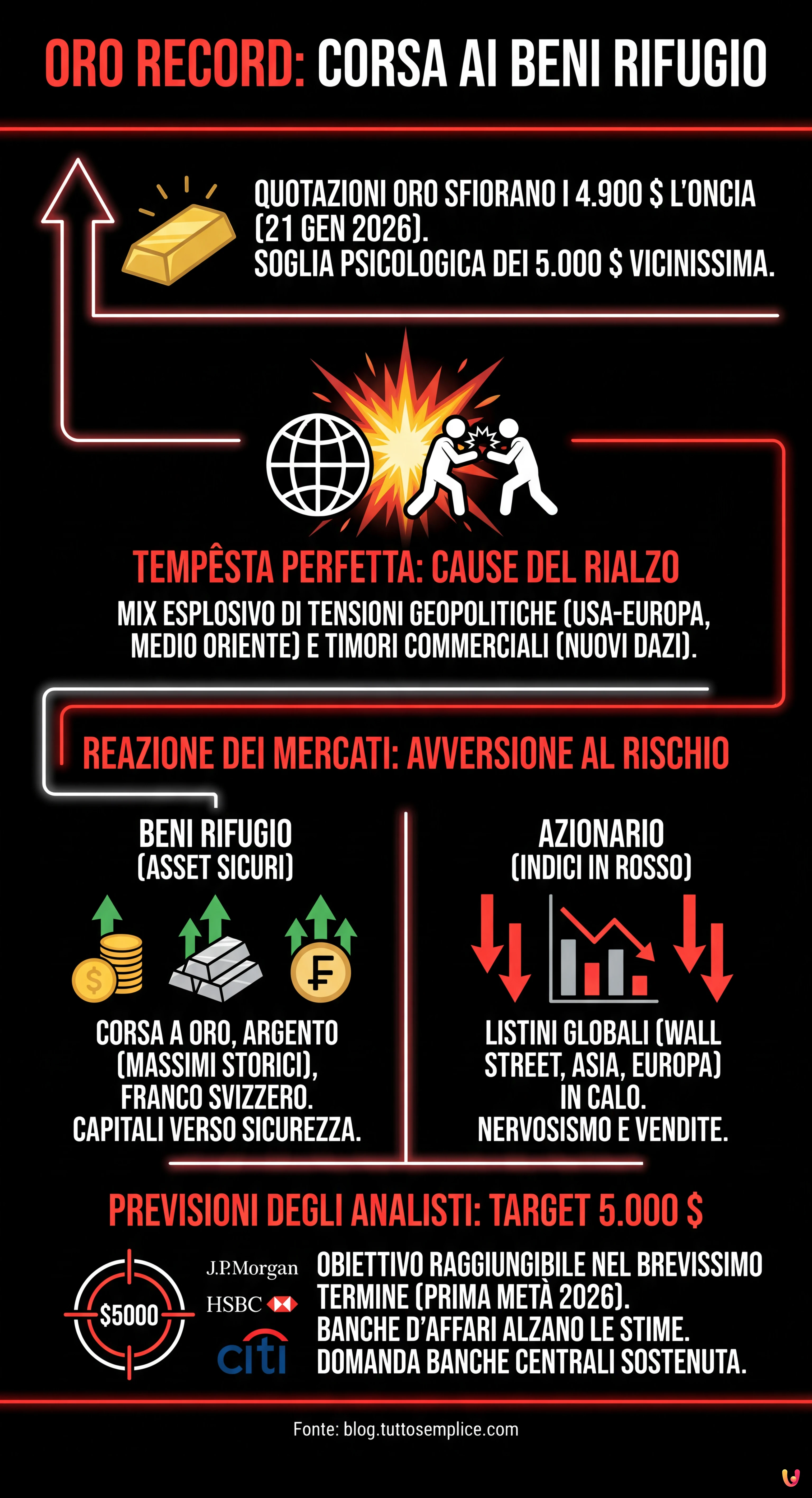 Oro record a un passo dai 5.000 dollari: è corsa ai beni rifugio sui mercati - Infografica riassuntiva