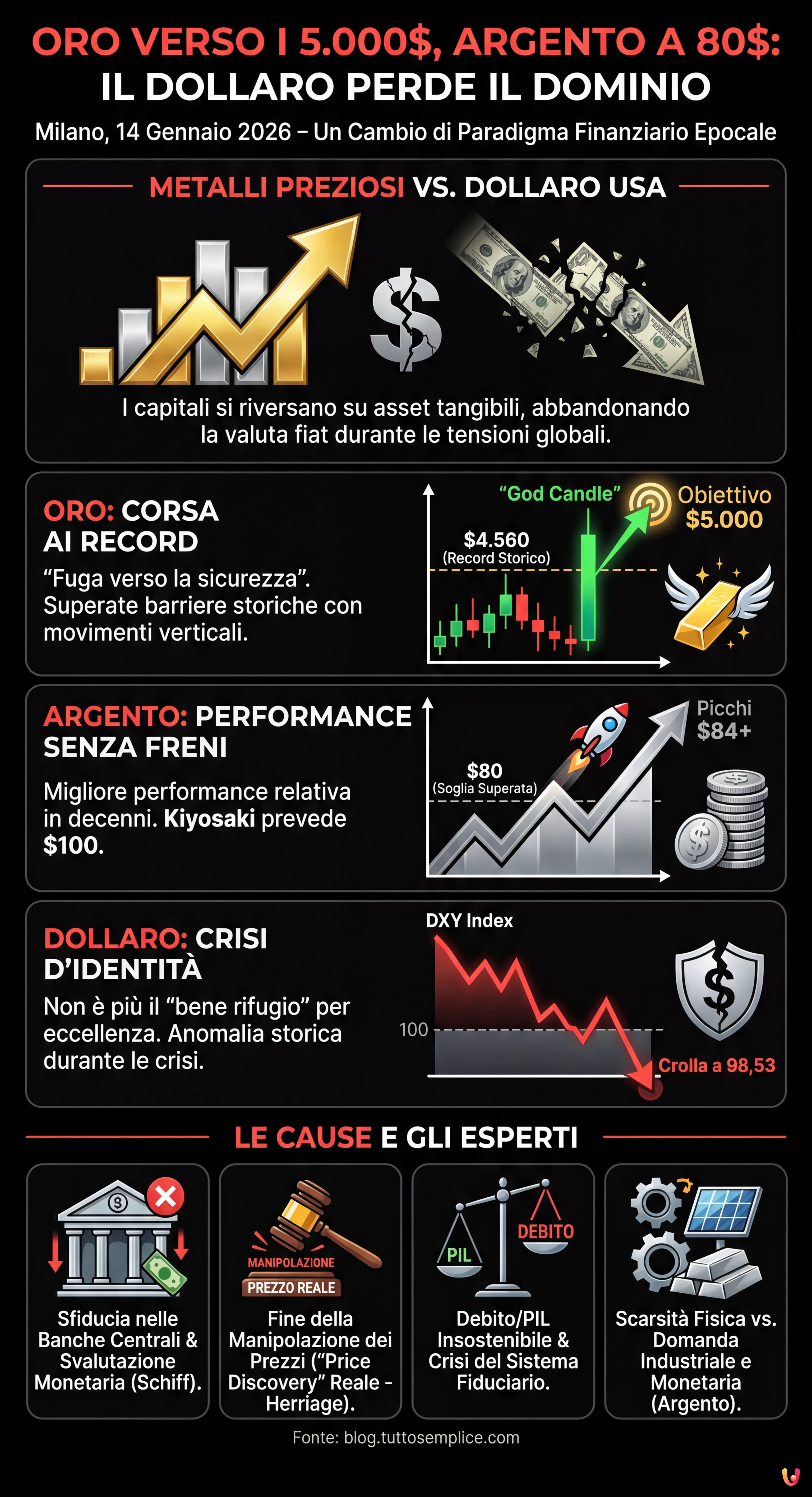Oro verso i 5.000$, Argento a 80$: il Dollaro perde il dominio - Infografica riassuntiva