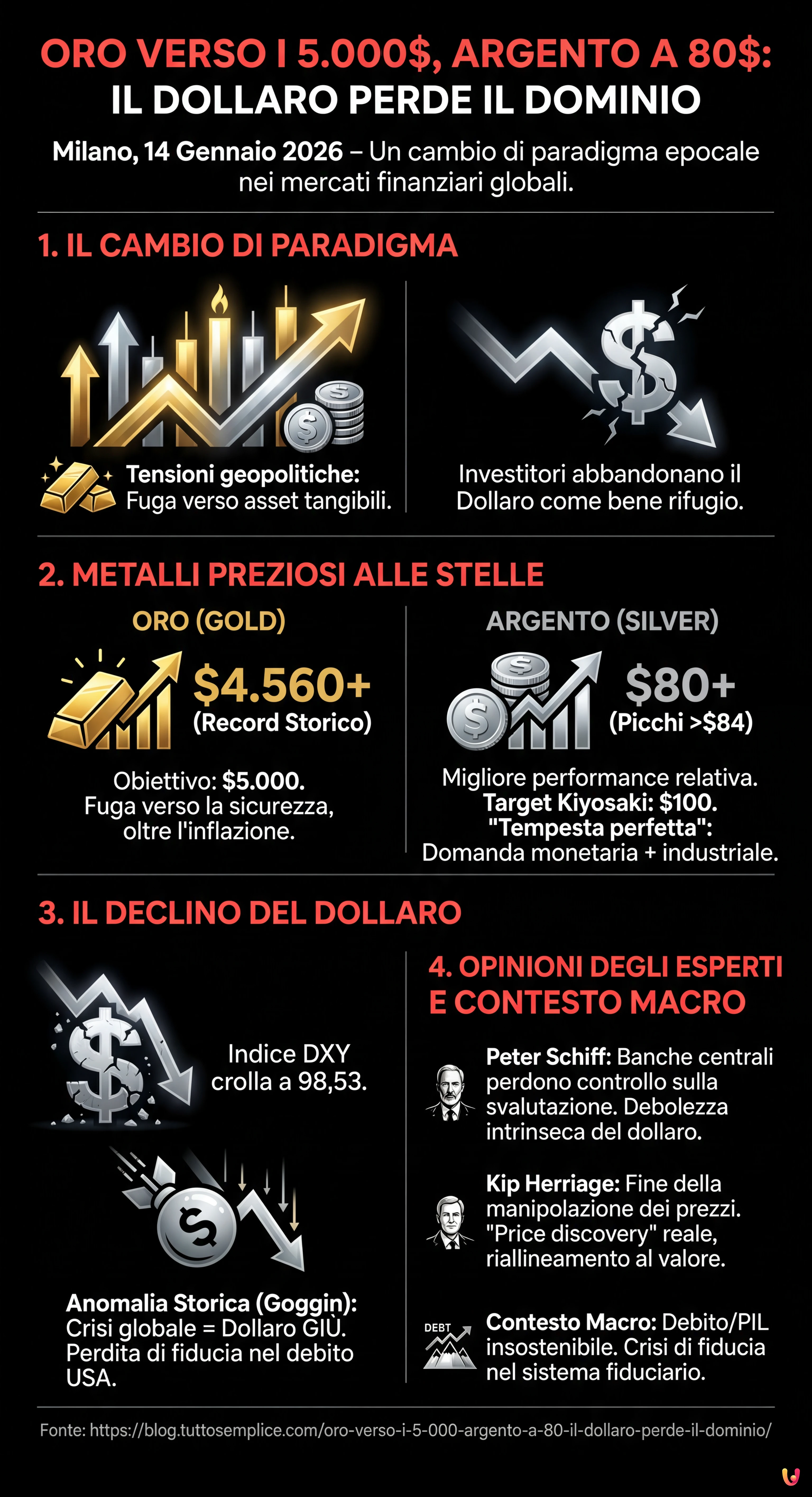 Oro verso i 5.000$, Argento a 80$: il Dollaro perde il dominio - Infografica riassuntiva