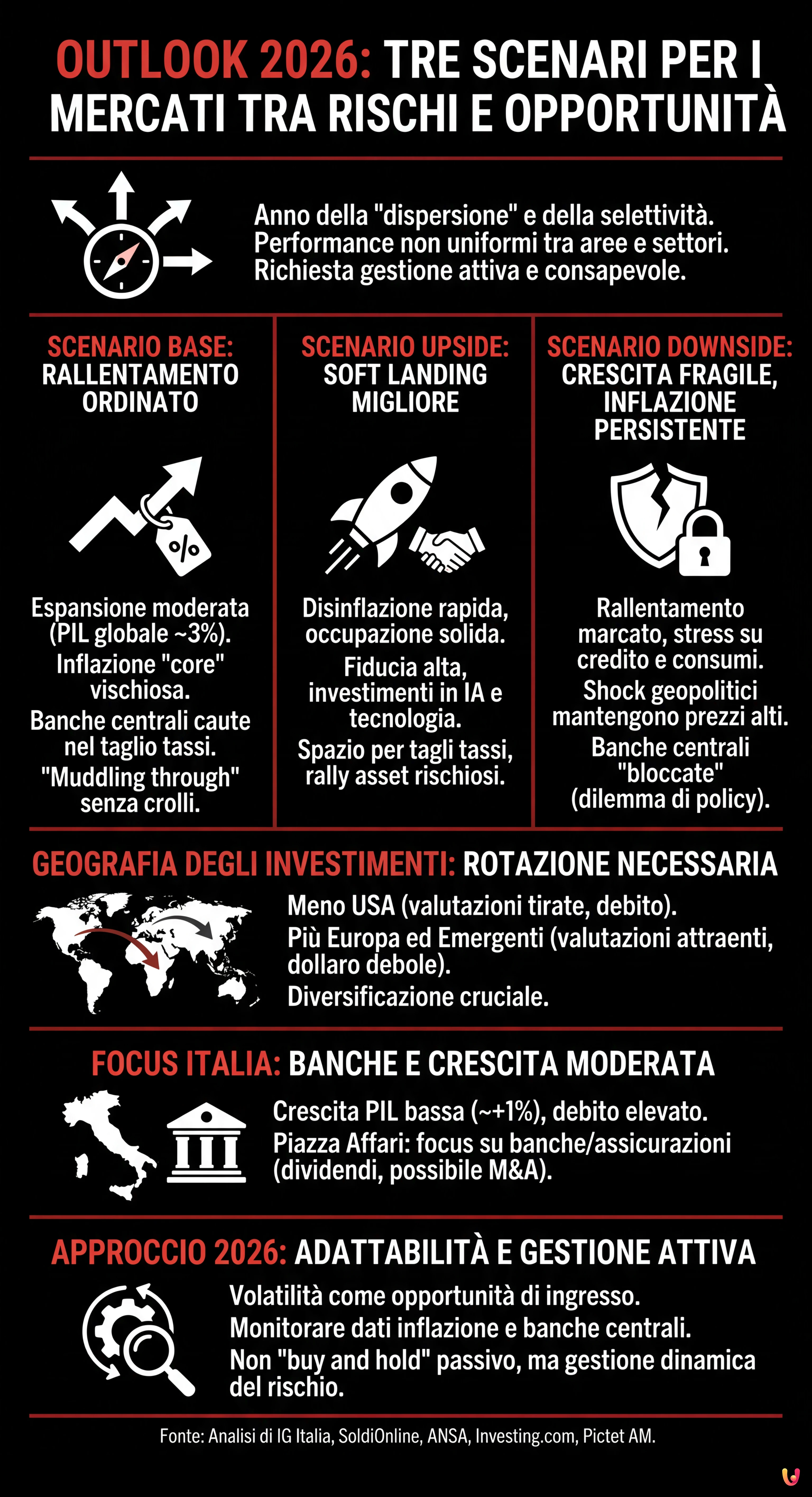 Outlook 2026: tre scenari per i mercati tra rischi e opportunit&agrave; - Infografica riassuntiva