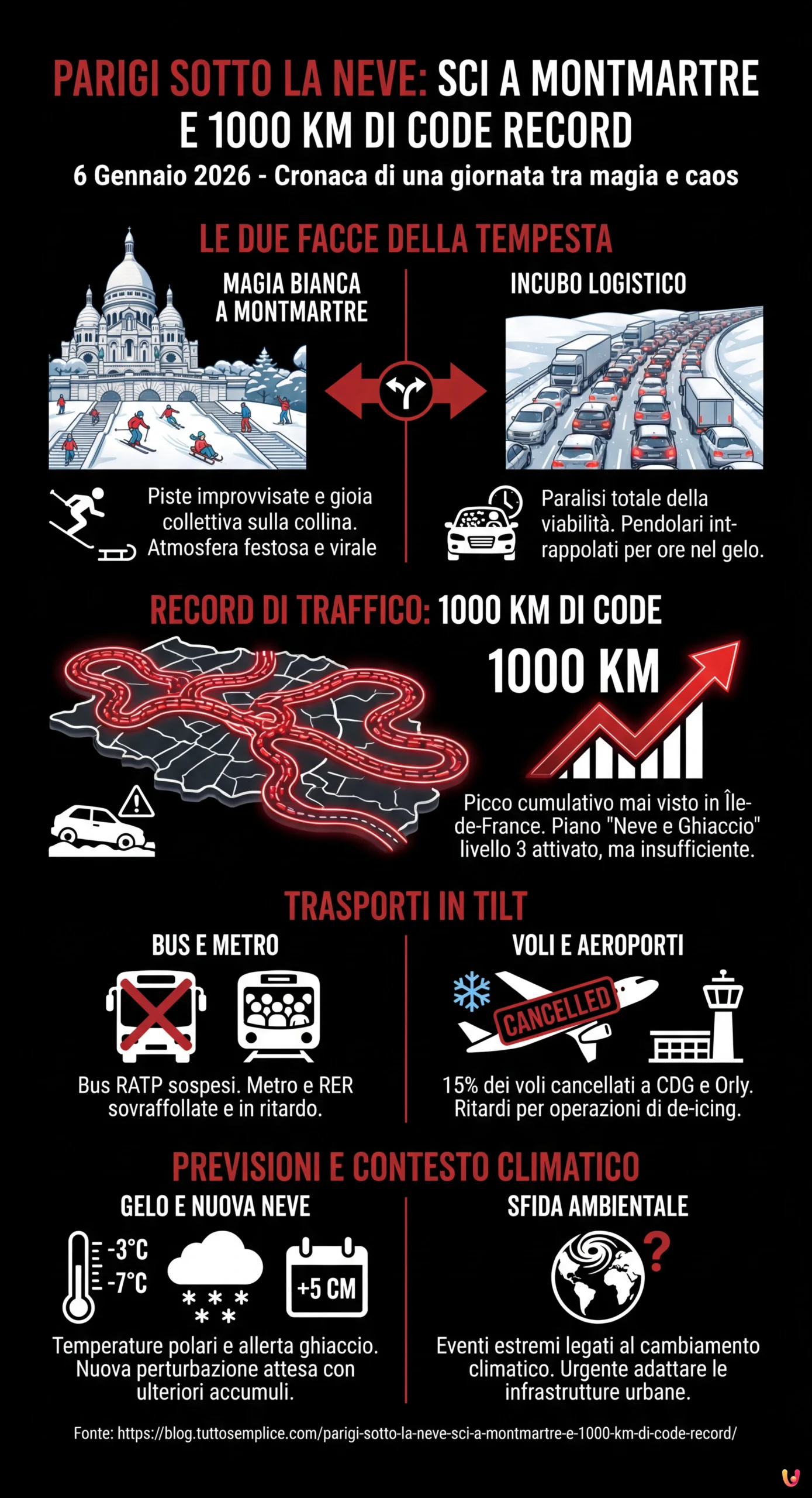 Parigi sotto la neve: sci a Montmartre e 1000 km di code record - Infografica riassuntiva