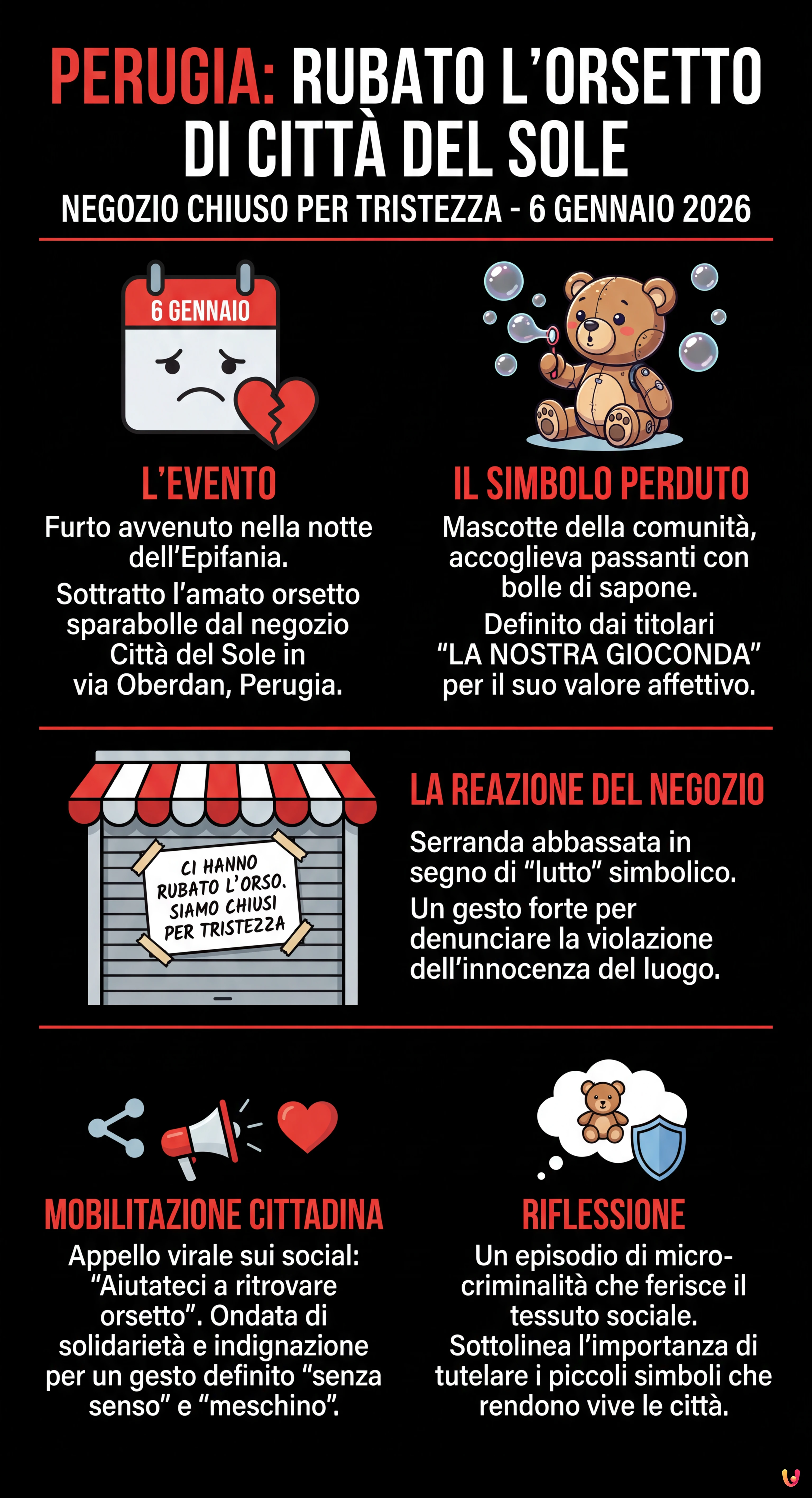 Perugia, rubato l'orsetto di Citt&agrave; del Sole: negozio chiuso per tristezza - Infografica riassuntiva