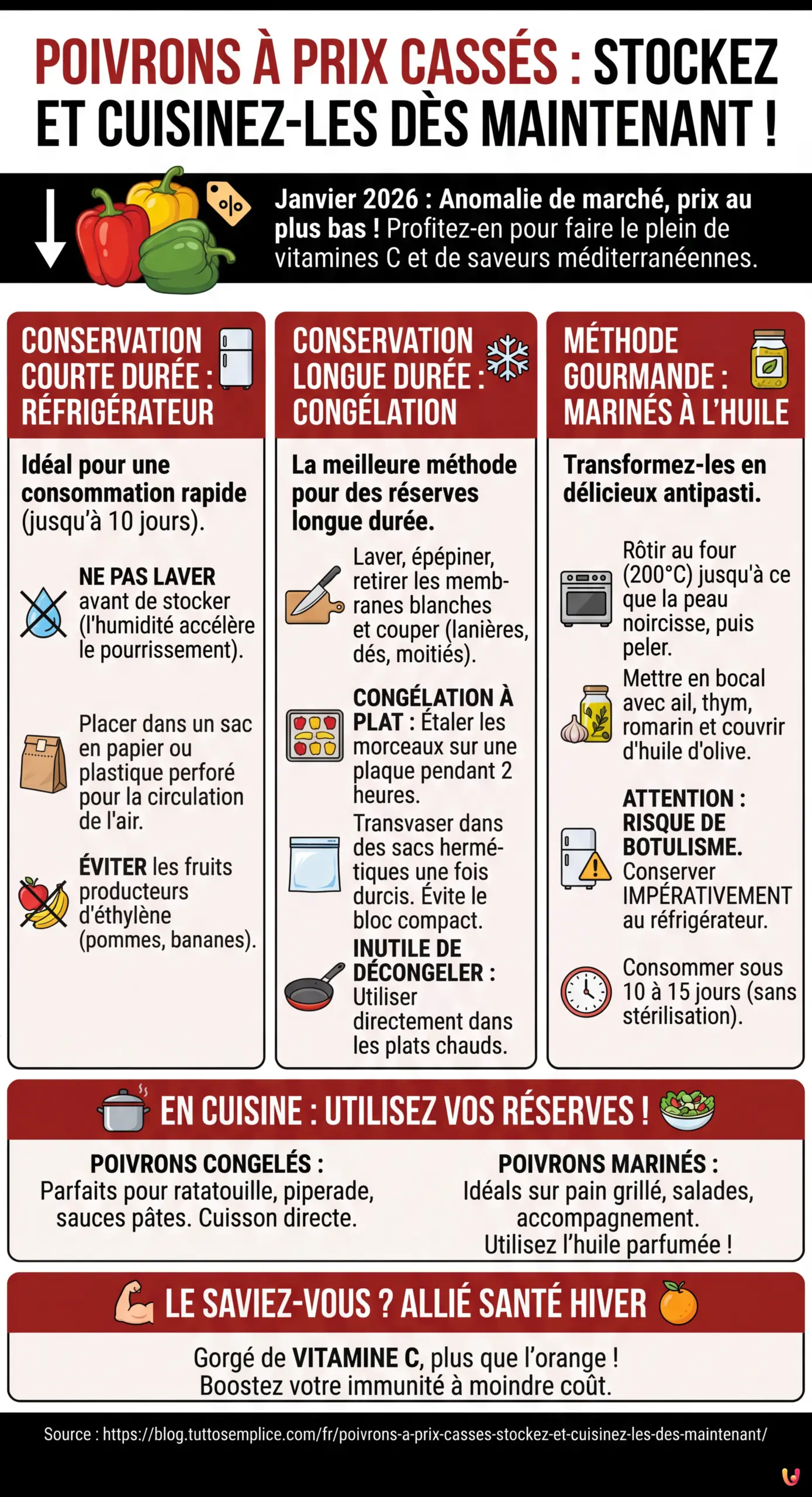 Poivrons &agrave; prix cass&eacute;s : stockez et cuisinez-les d&egrave;s maintenant ! - Infographie r&eacute;sumant