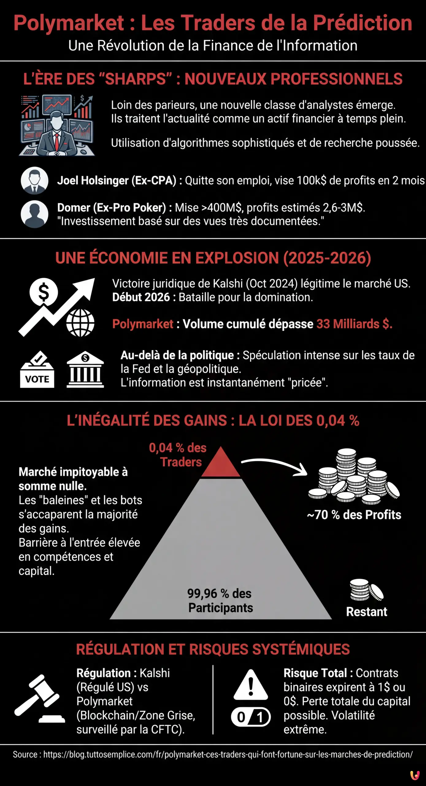 Polymarket : Ces traders qui font fortune sur les march&eacute;s de pr&eacute;diction - Infographie r&eacute;sumant
