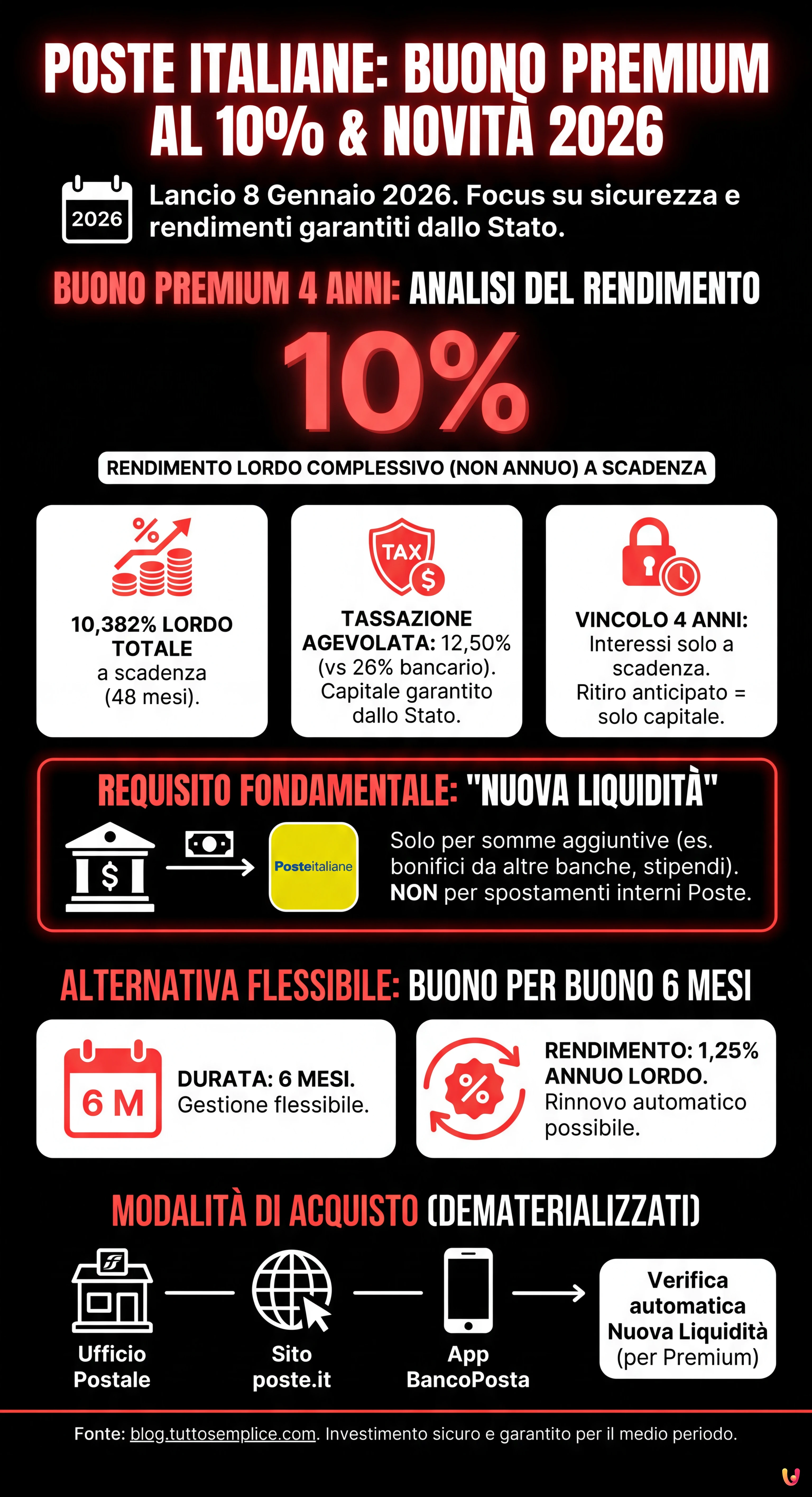Poste Italiane, Buono Premium al 10%: Analisi e Guida all'Acquisto 2026 - Infografica riassuntiva