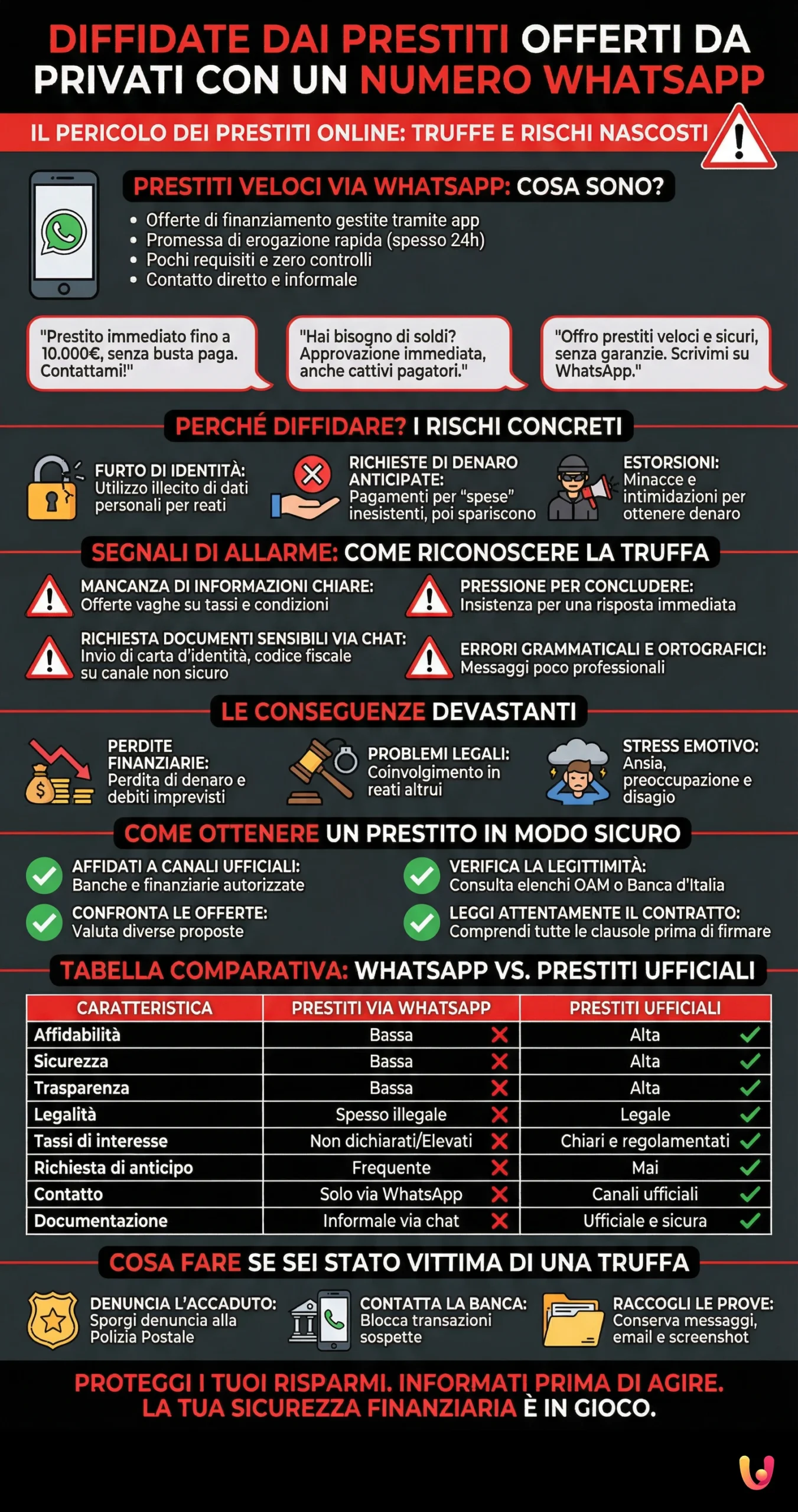 Diffidate dai prestiti offerti da privati con un numero WhatsApp - Infografica riassuntiva
