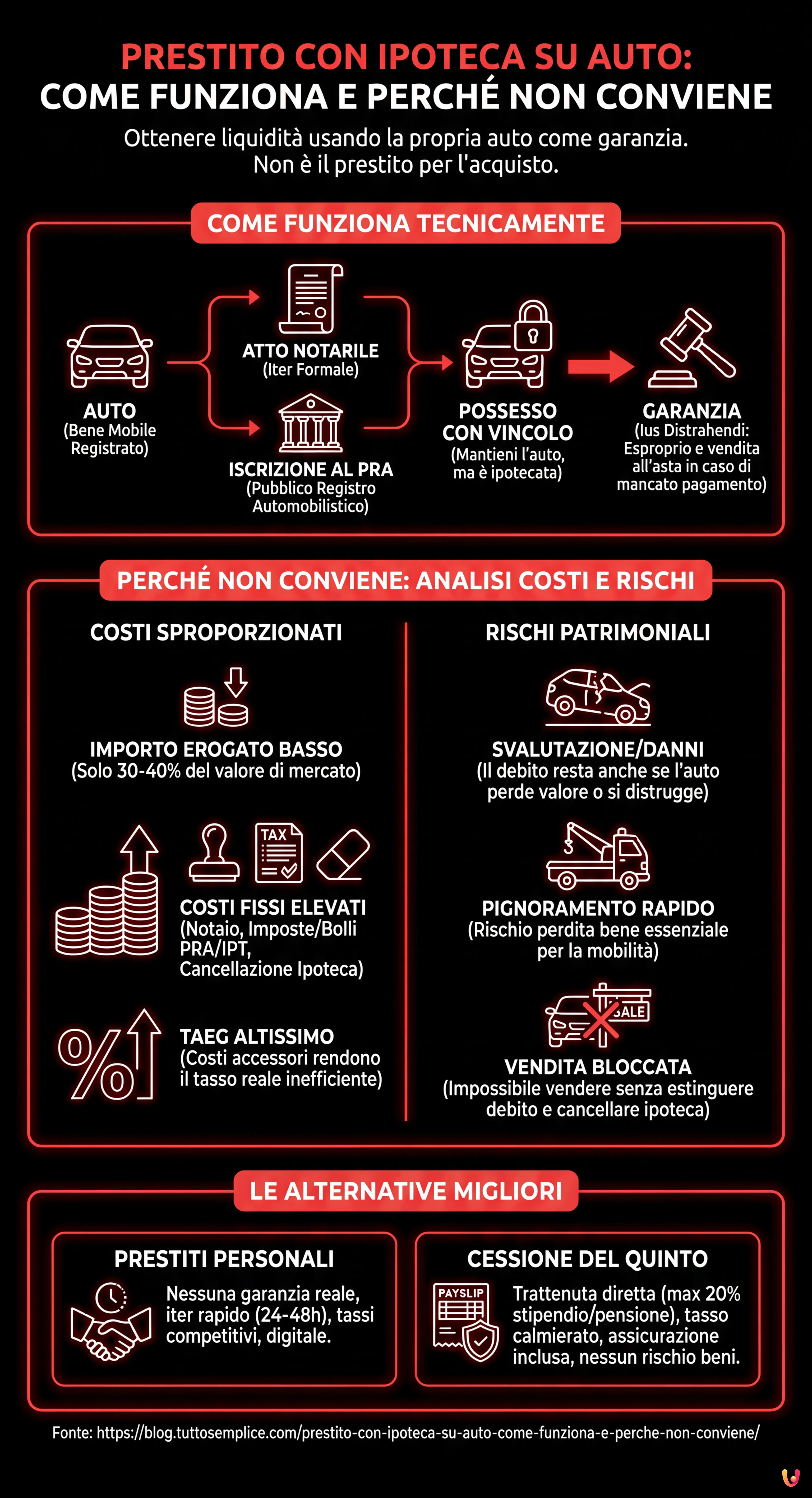 Prestito con ipoteca su auto: come funziona e perch&eacute; non conviene - Infografica riassuntiva