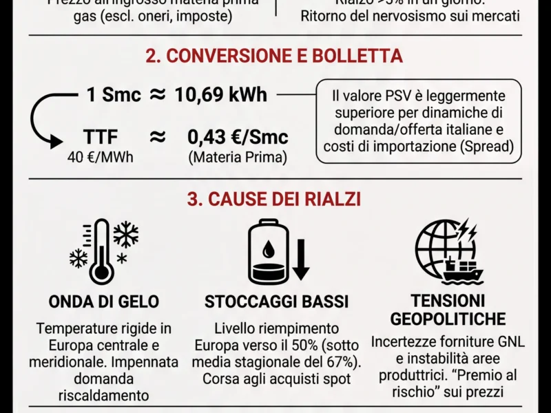 Infografica: Prezzo Gas al Metro Cubo Oggi: Quotazioni PSV e TTF del 24 Gennaio 2026