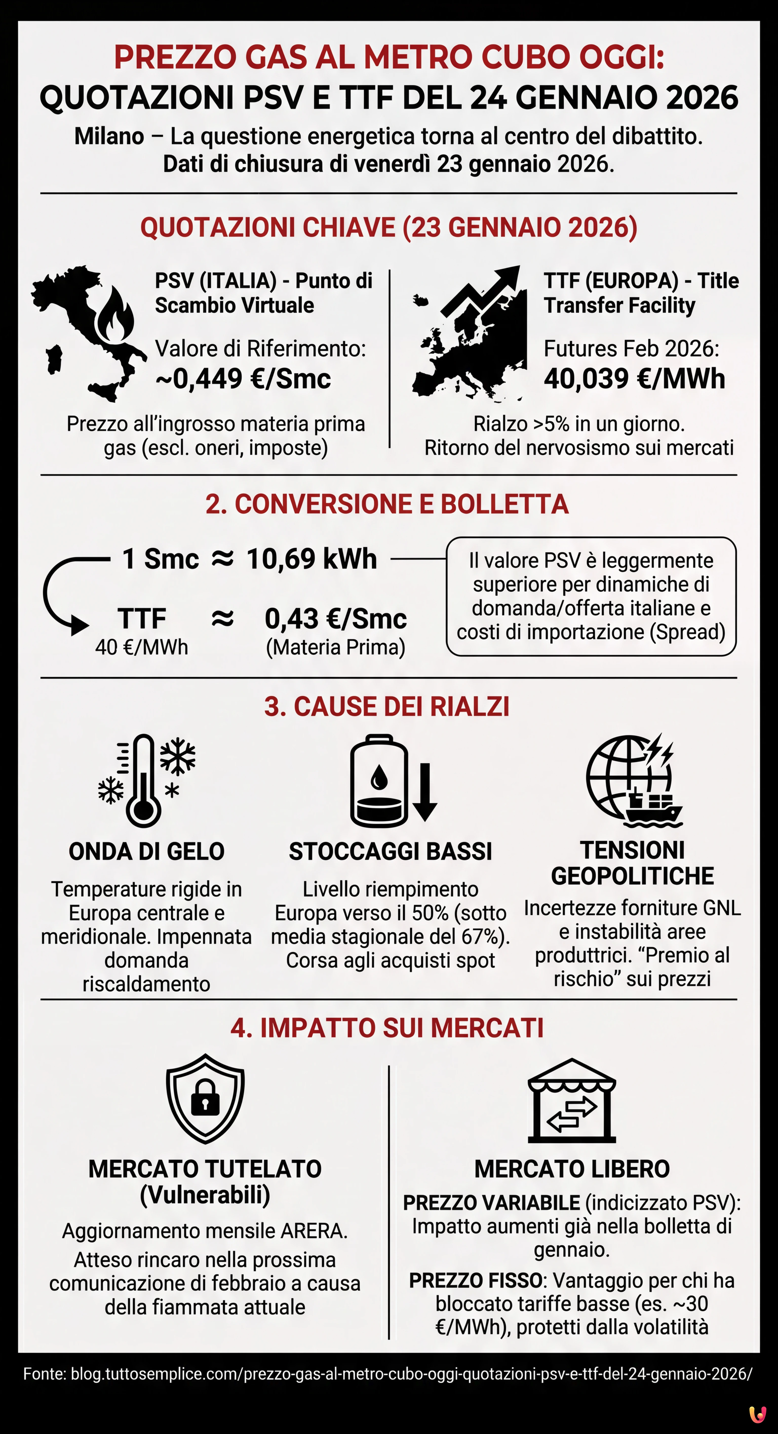 Prezzo Gas al Metro Cubo Oggi: Quotazioni PSV e TTF del 24 Gennaio 2026 - Infografica riassuntiva