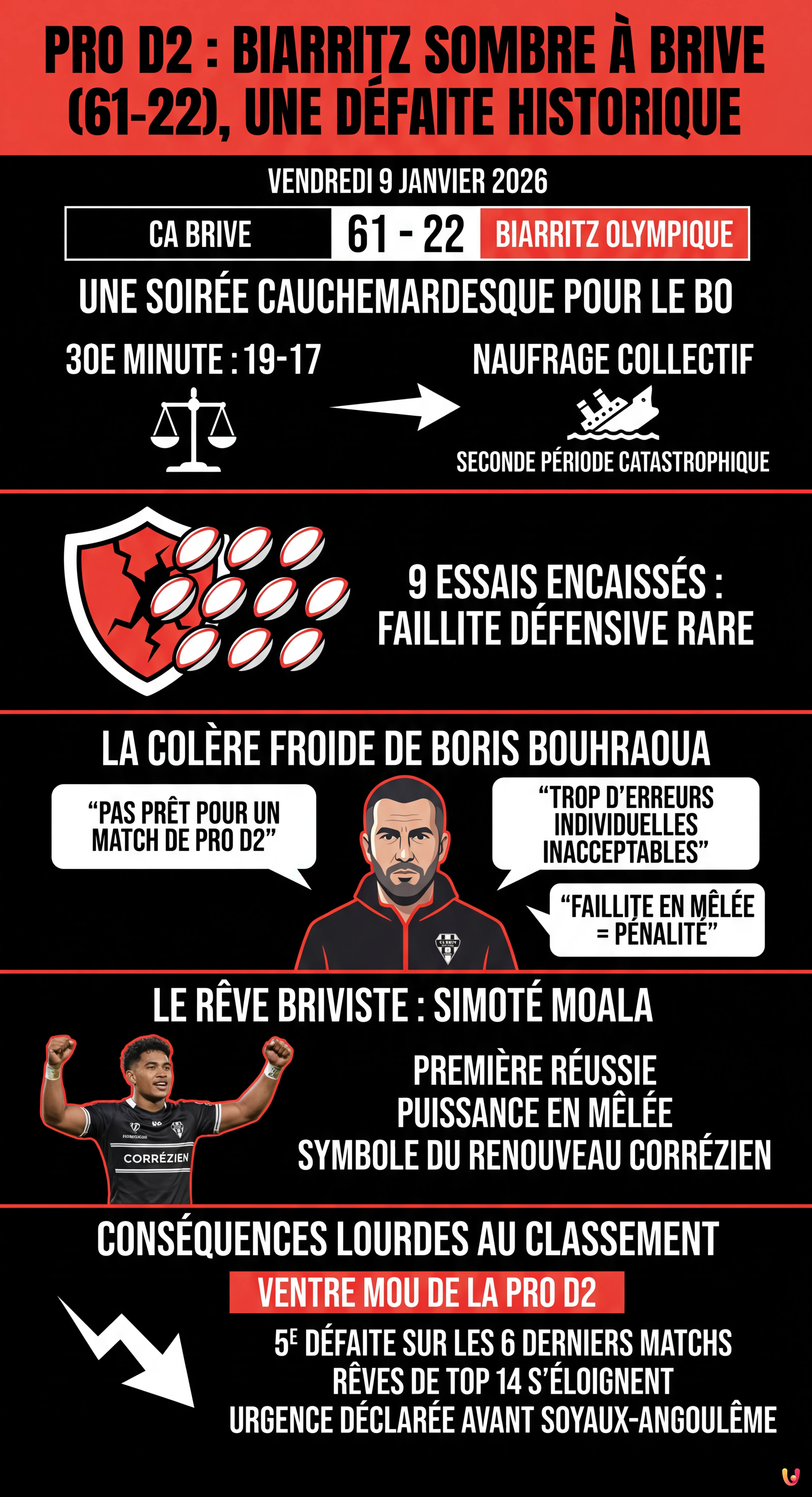 Pro D2 : Biarritz sombre &agrave; Brive (61-22), une d&eacute;faite historique - Infographie r&eacute;sumant