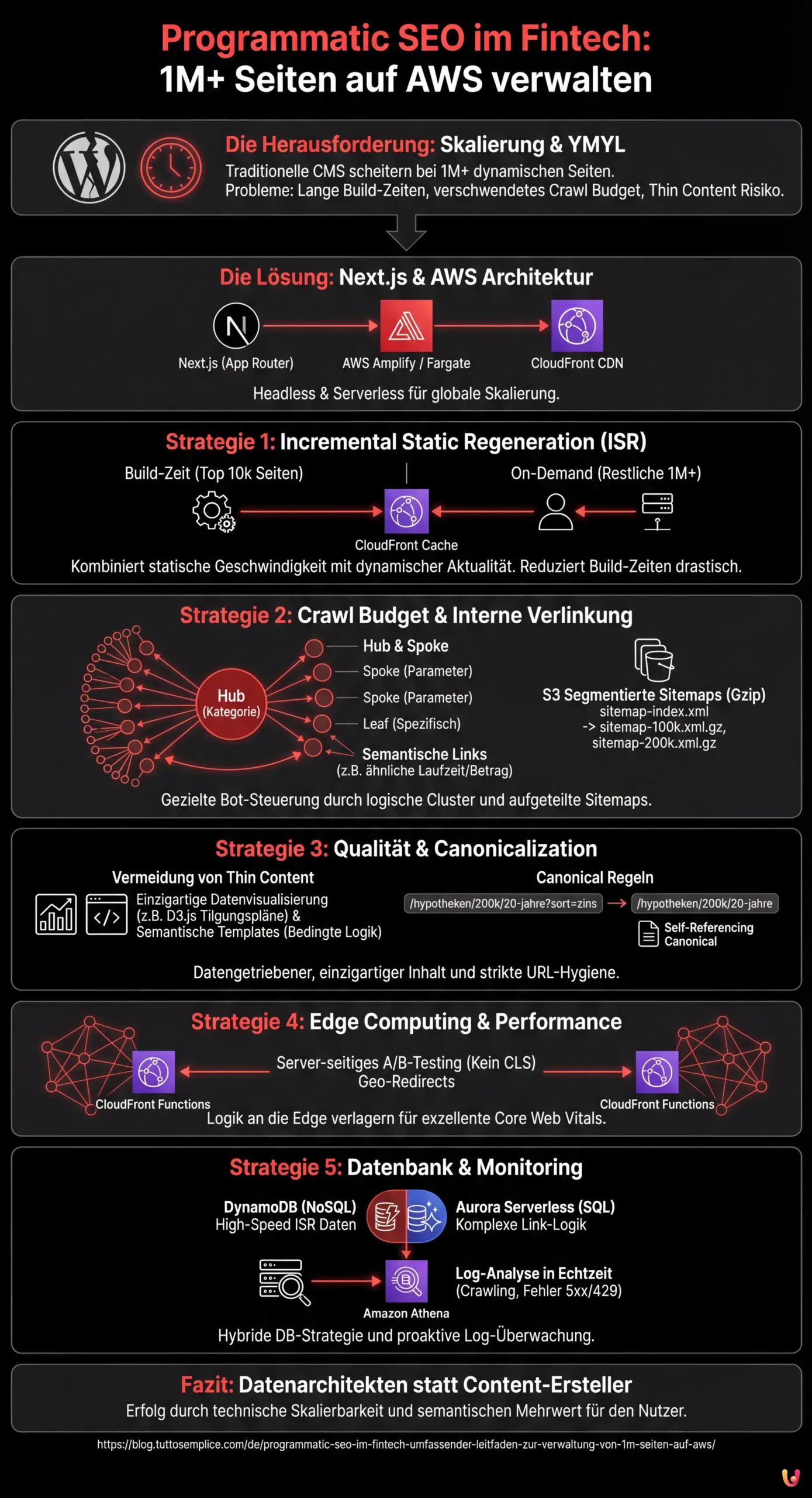 Programmatic SEO im Fintech: Umfassender Leitfaden zur Verwaltung von 1M+ Seiten auf AWS - Zusammenfassende Infografik