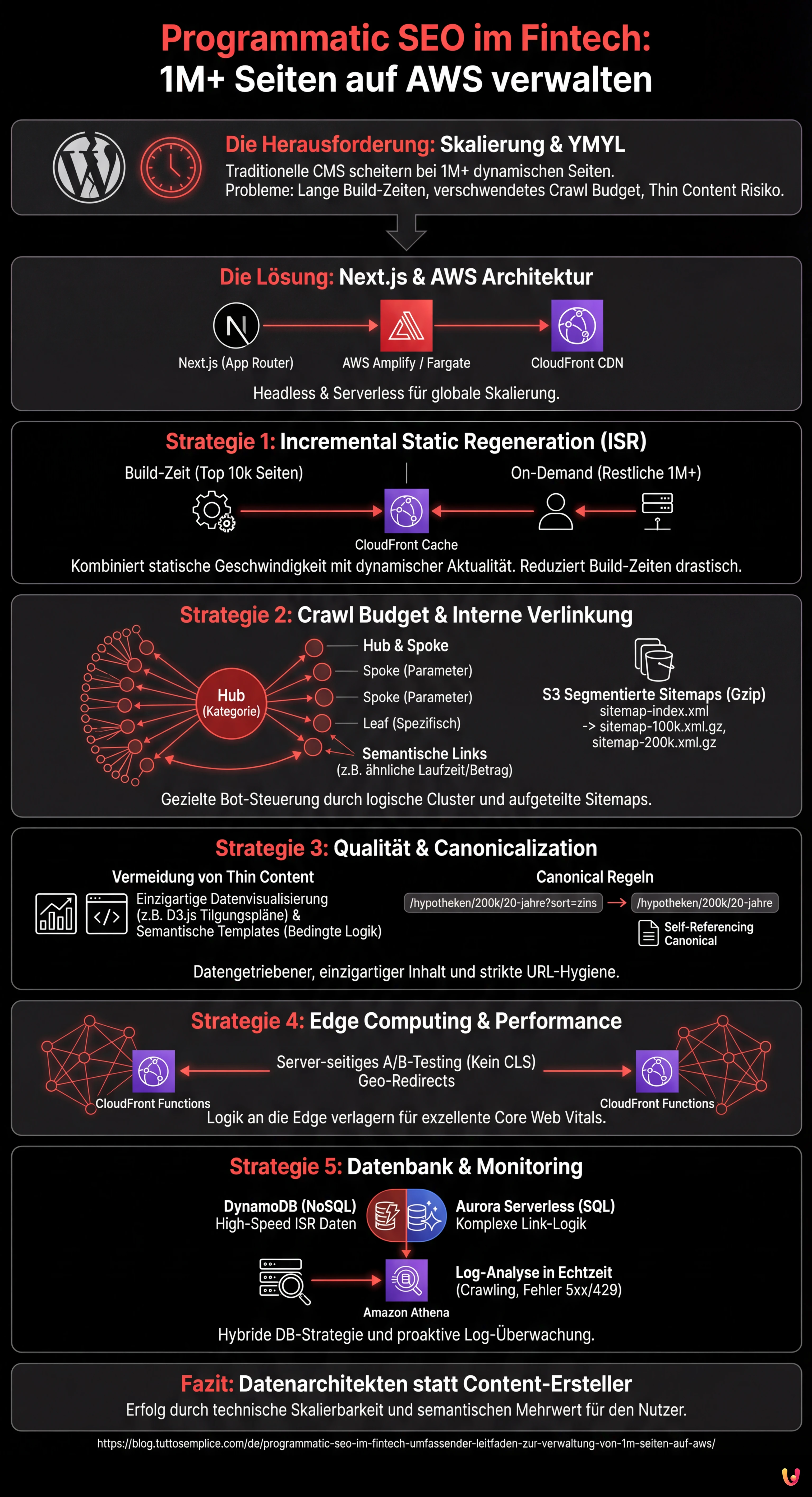 Programmatic SEO im Fintech: Umfassender Leitfaden zur Verwaltung von 1M+ Seiten auf AWS - Zusammenfassende Infografik