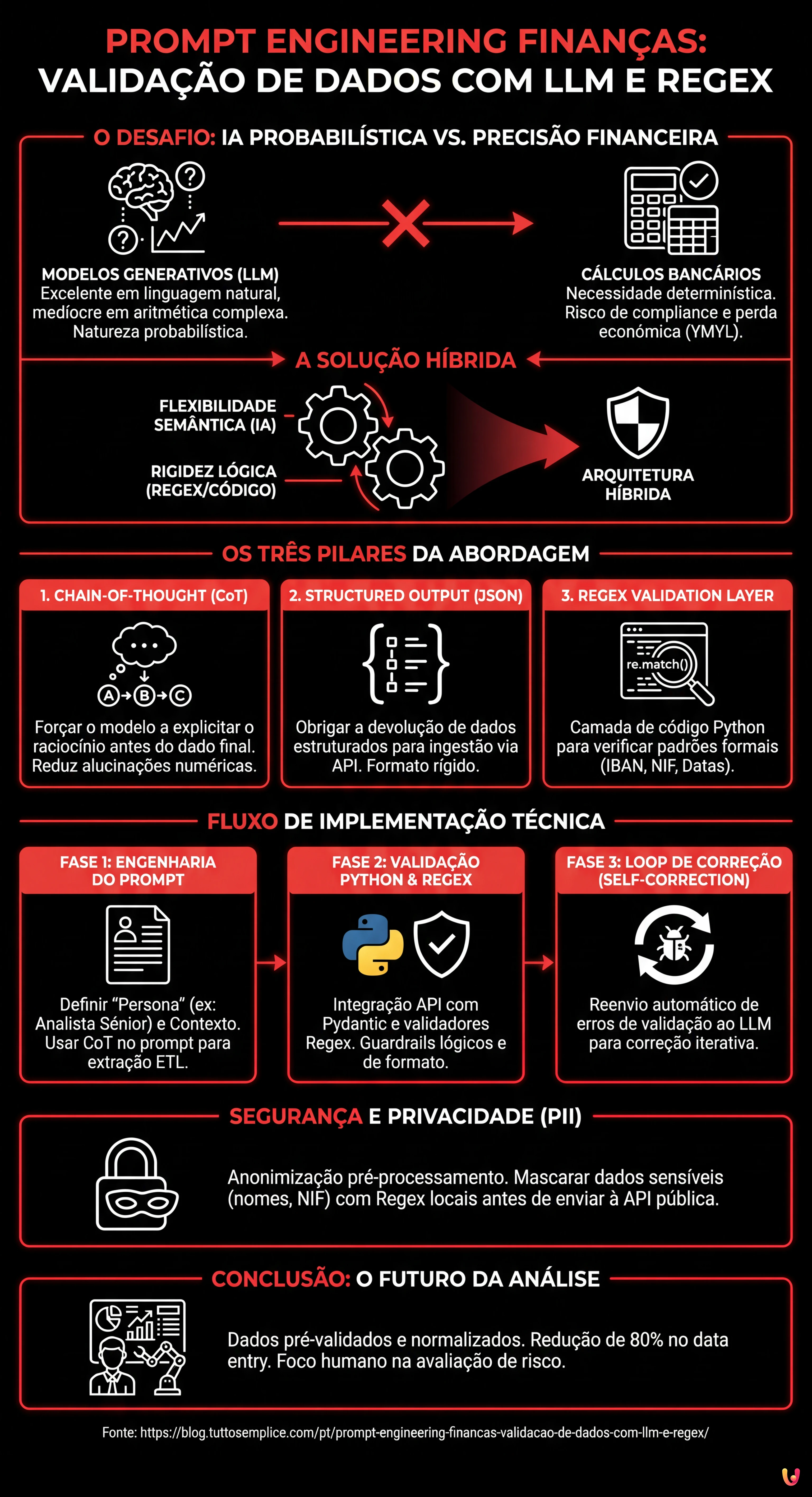 Prompt Engineering Finanças: Validação de Dados com LLM e Regex - Infográfico resumido