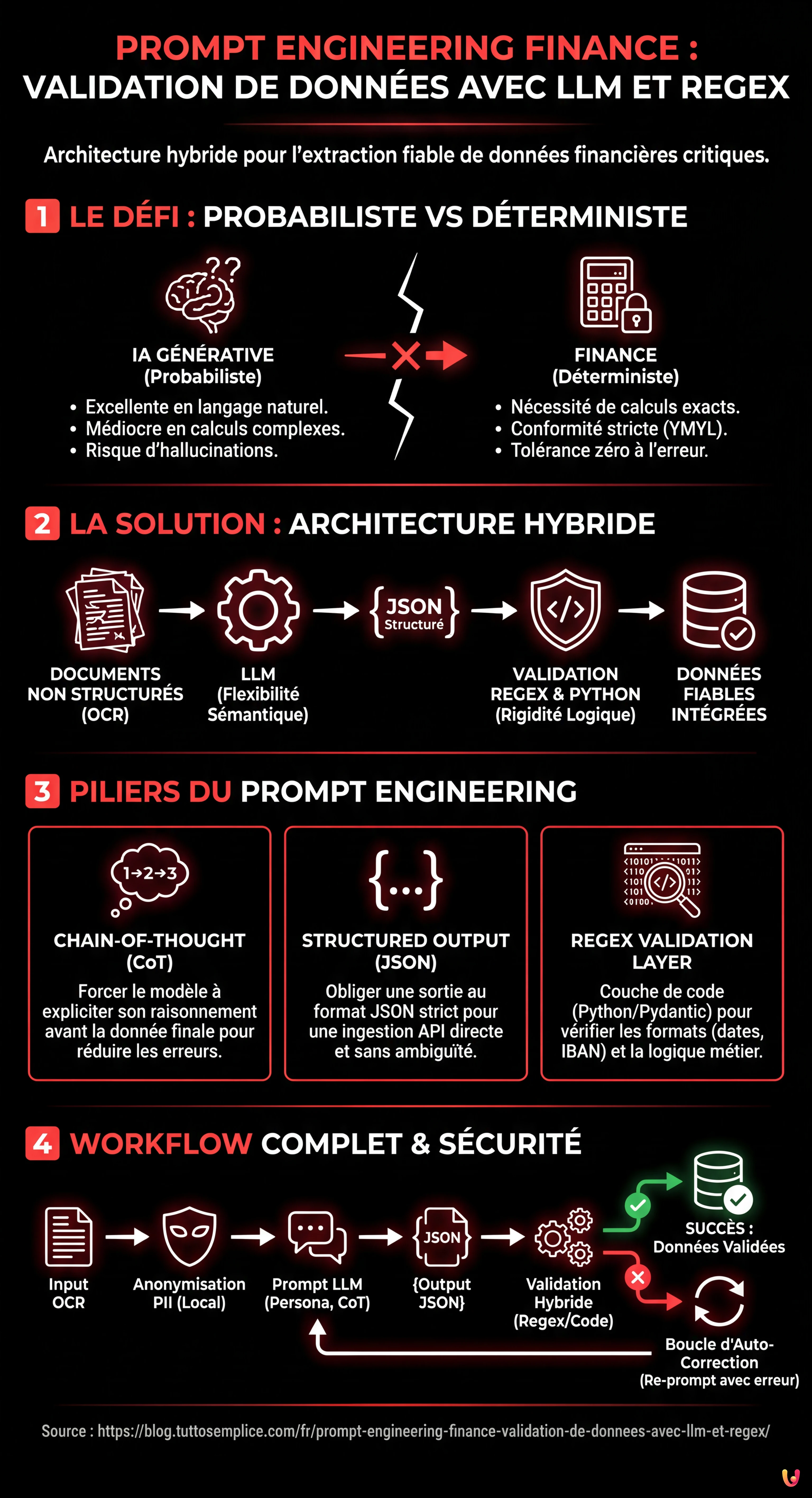 Prompt Engineering Finance : Validation de Données avec LLM et Regex - Infographie résumant