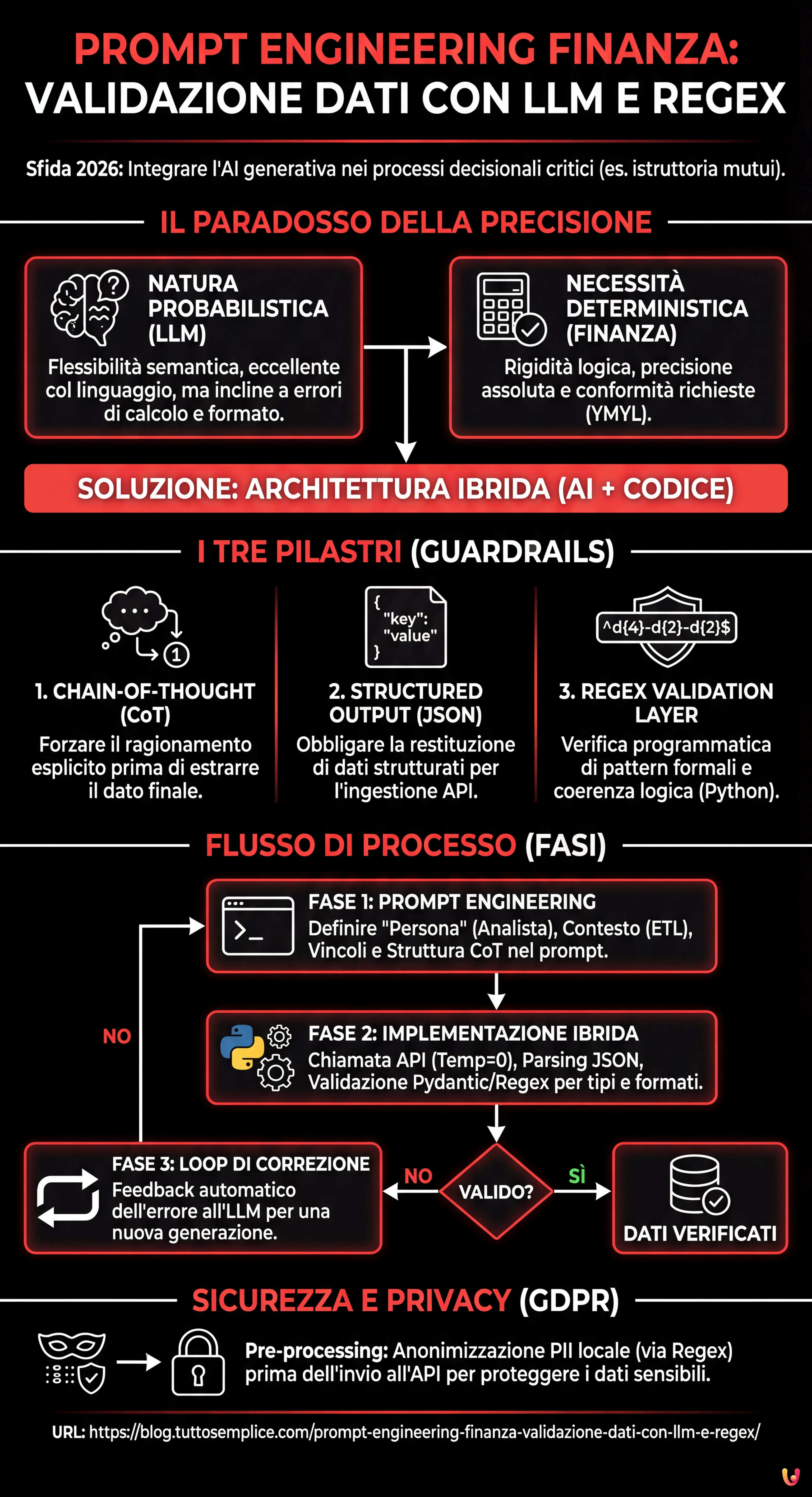 Prompt Engineering Finanza: Validazione Dati con LLM e Regex - Infografica riassuntiva