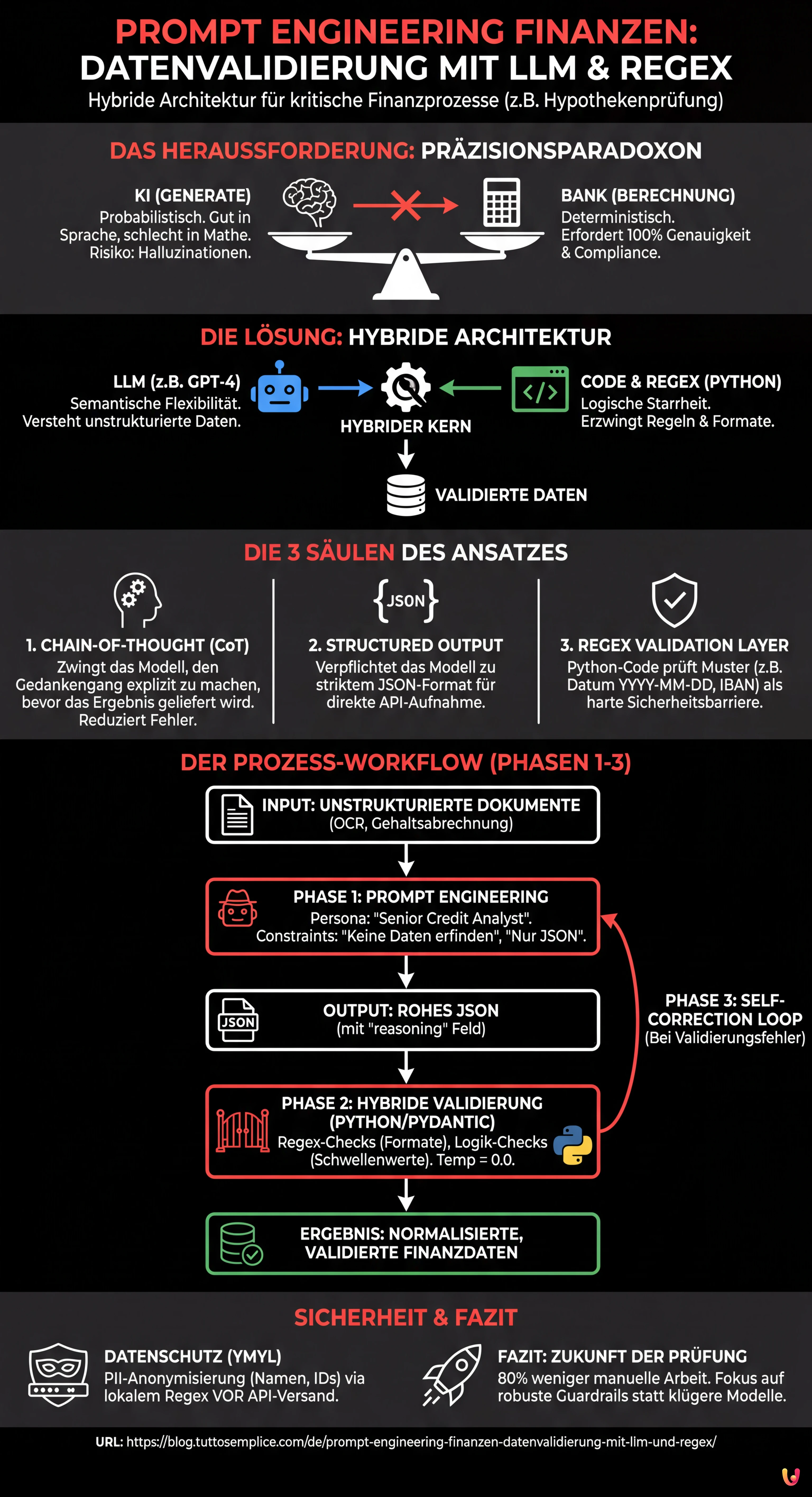 Prompt Engineering Finanzen: Datenvalidierung mit LLM und Regex - Zusammenfassende Infografik